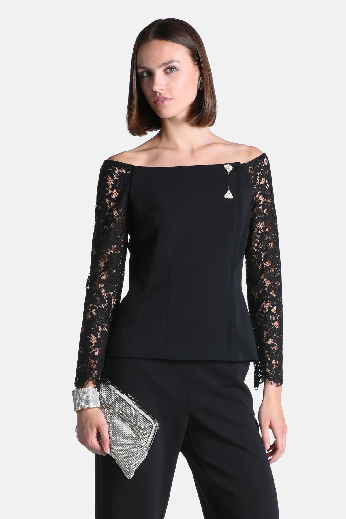 Luisa Spagnoli Nero/Nero Women Sostenuto - Elegant Top with Lace Sleeves SKU: SOSTENUTO_0101 0101 Image 01