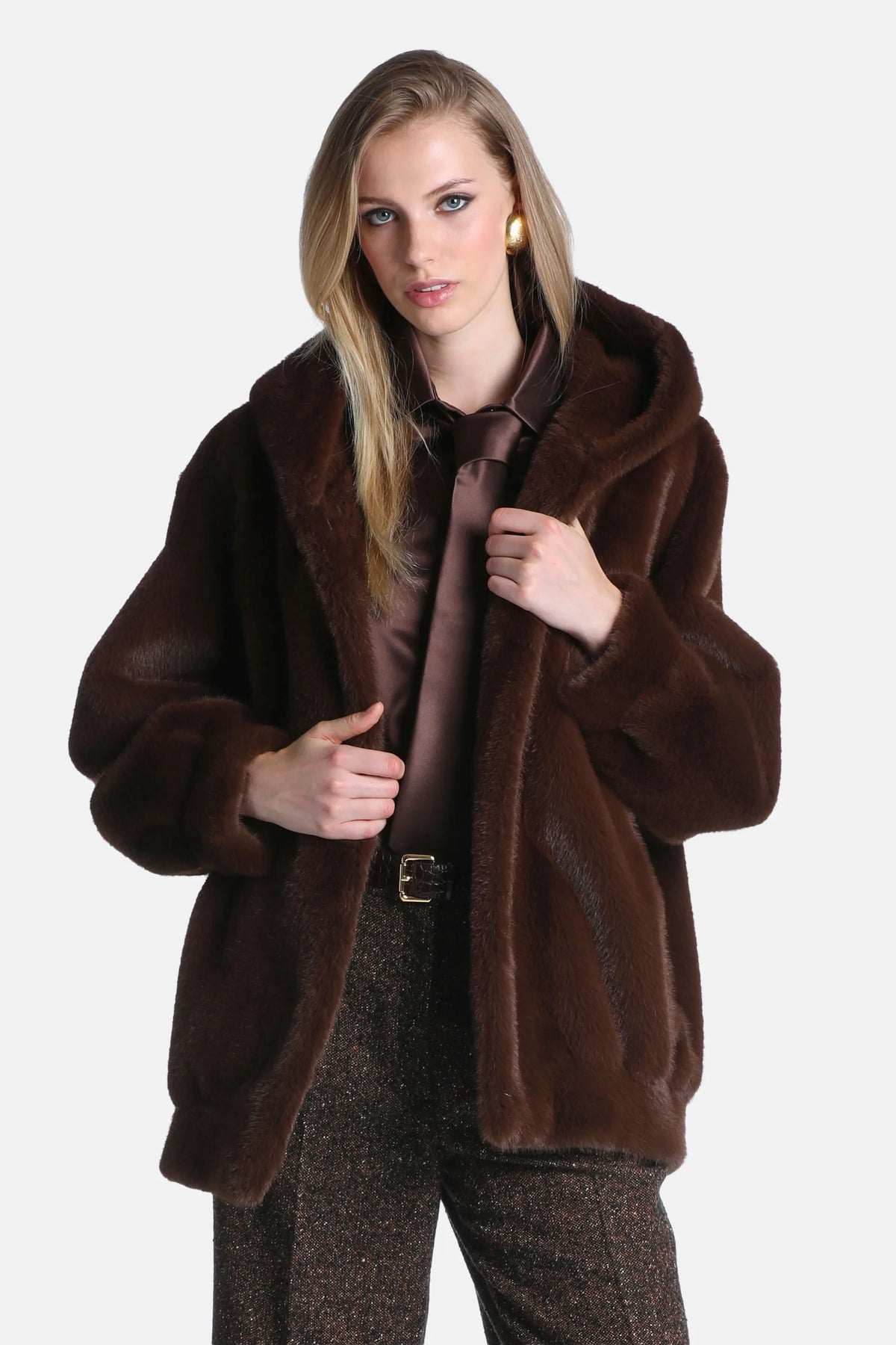 Luisa Spagnoli Marrone Women Stelle - Fur-Effect Hooded Jacket SKU: STELLE_0919 Image 01
