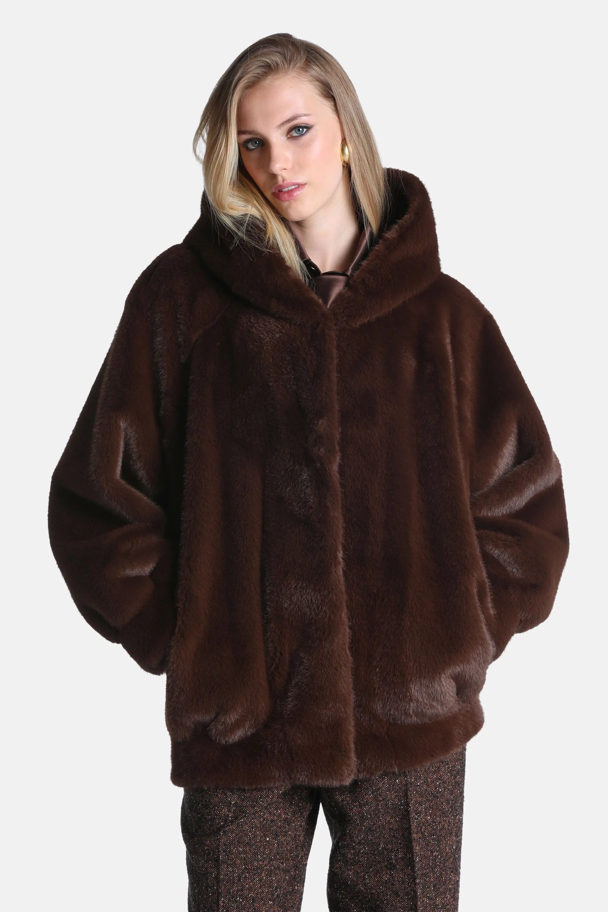 Luisa Spagnoli Marrone Women Stelle - Fur-Effect Hooded Jacket SKU: STELLE_0919 Image 02
