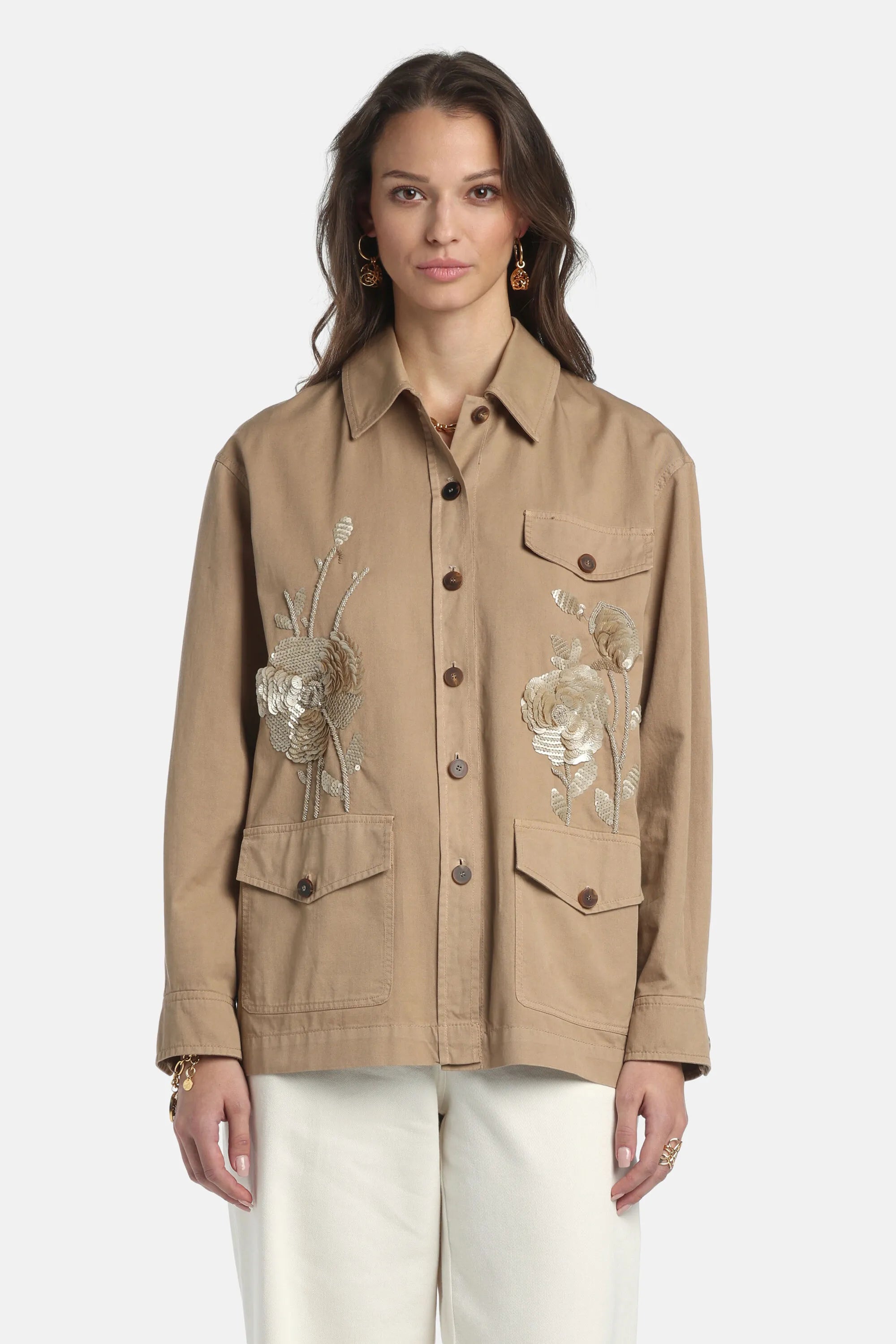 Luisa Spagnoli Beige Women Vigilessa - Embroidered Safari Jacket SKU: VIGILESSA_1111 Image 01