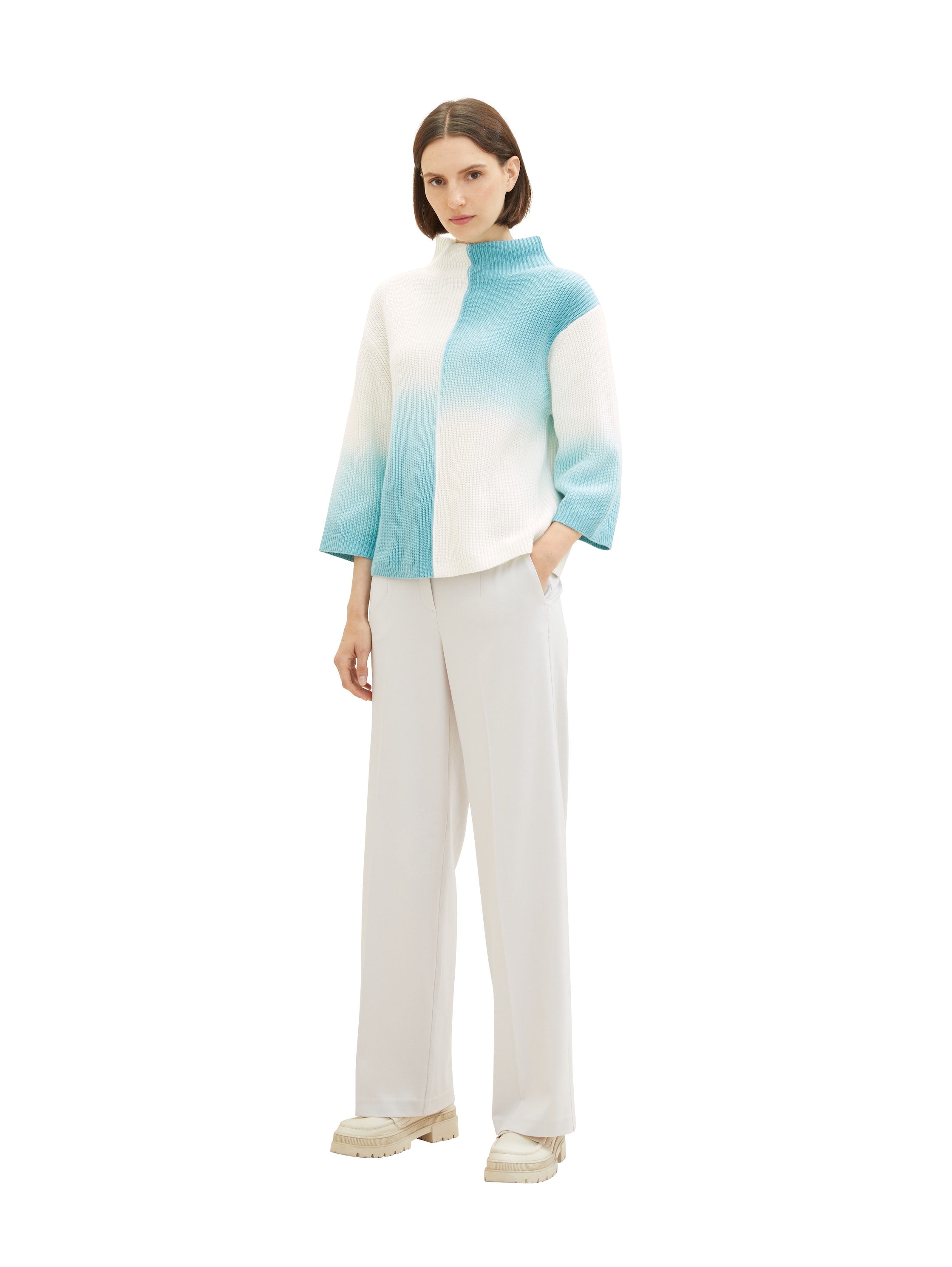 Color Block 3/4 Sleeve Sweater With High Collar_1038694_33797_06