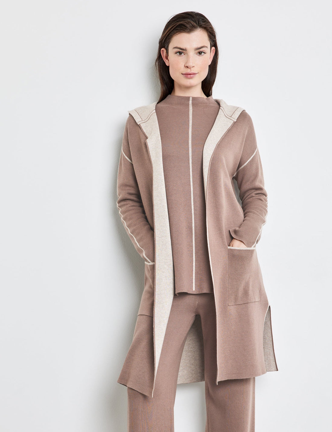 Beige Long Cardigan In Double Face Ecovero Taifun