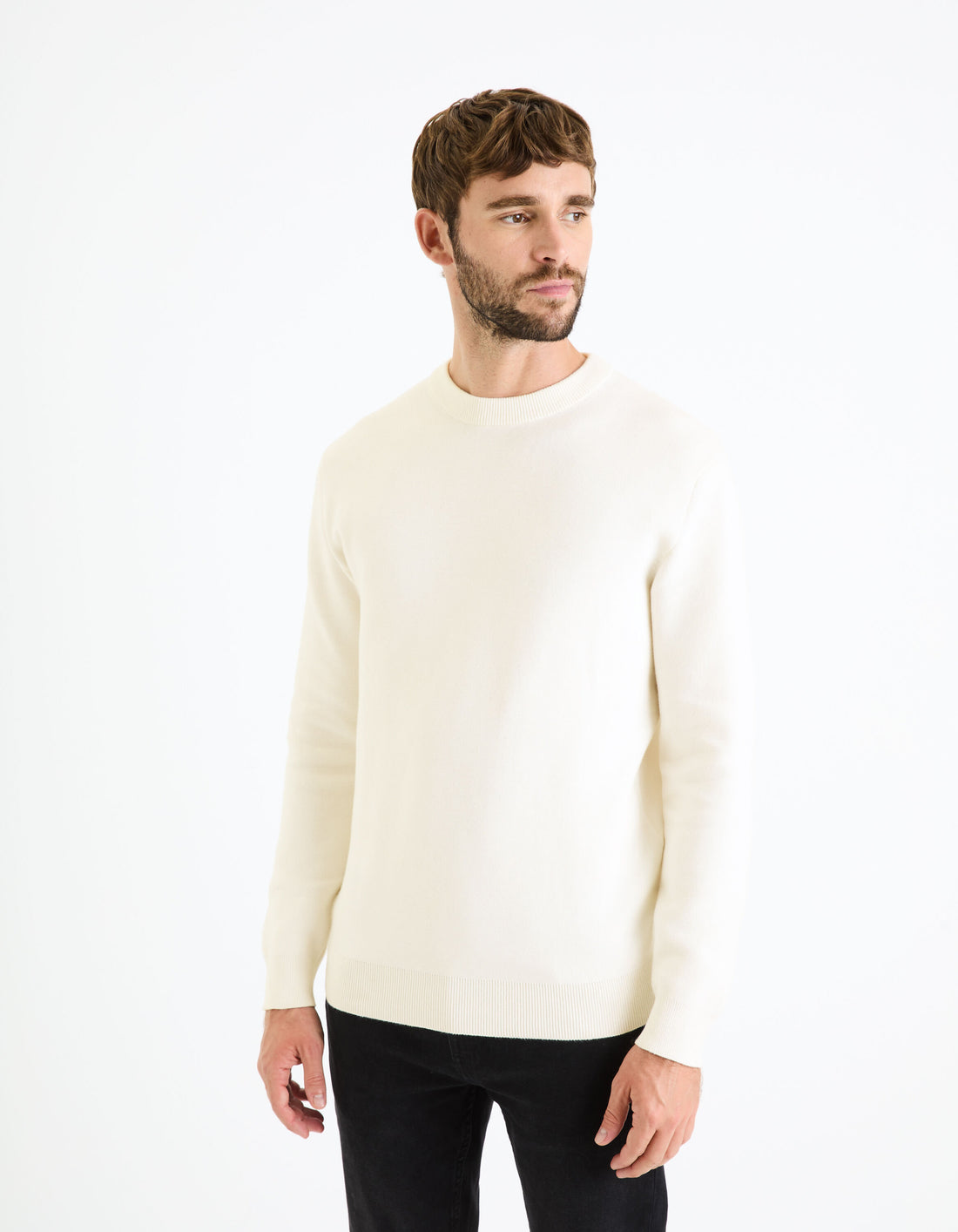 Cotton-Blend Round Neck Sweater - Beige_BECLO_ECRU_01