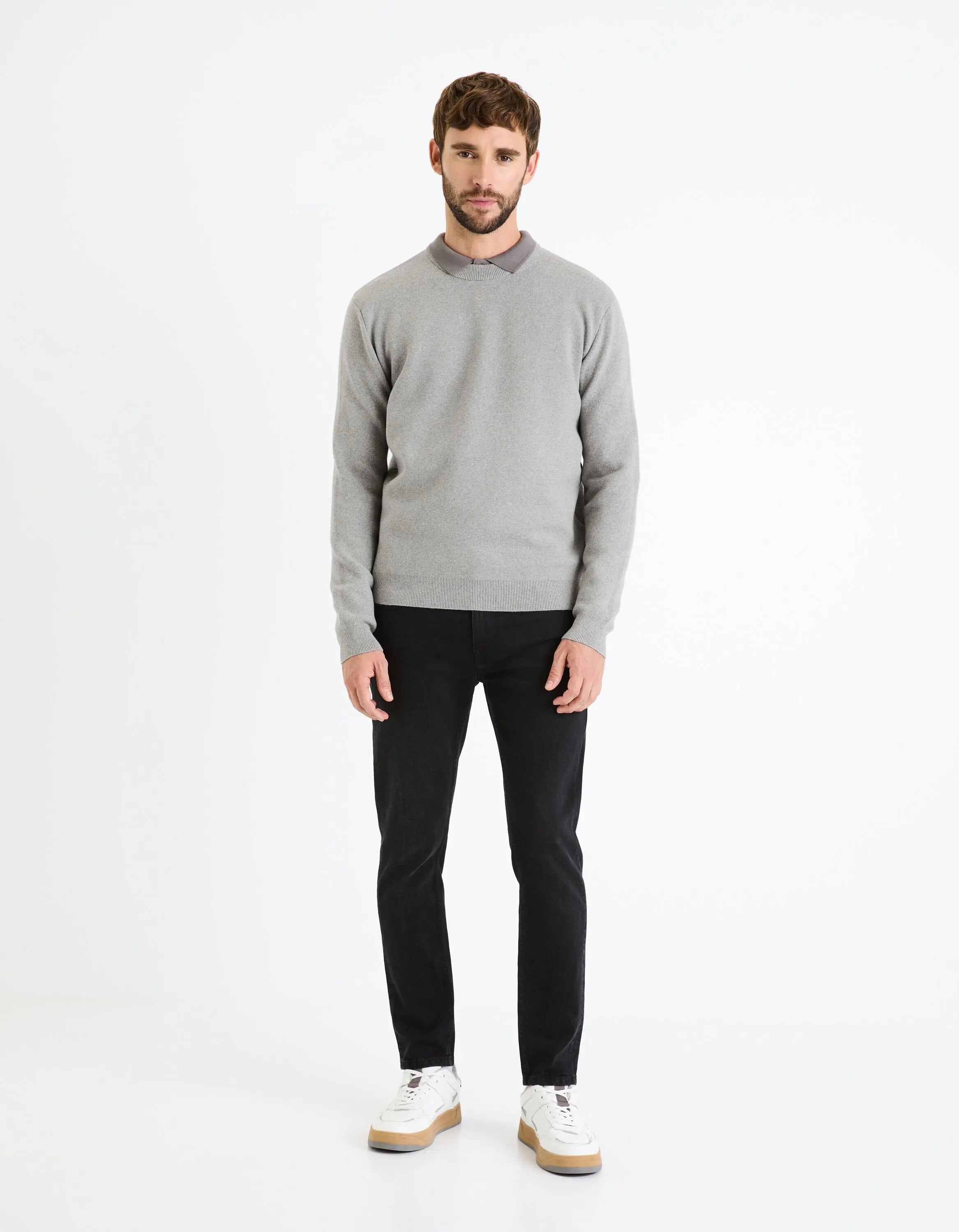 Cotton-Blend Round Neck Sweater - Beige_BECLO_GREY MEL_02