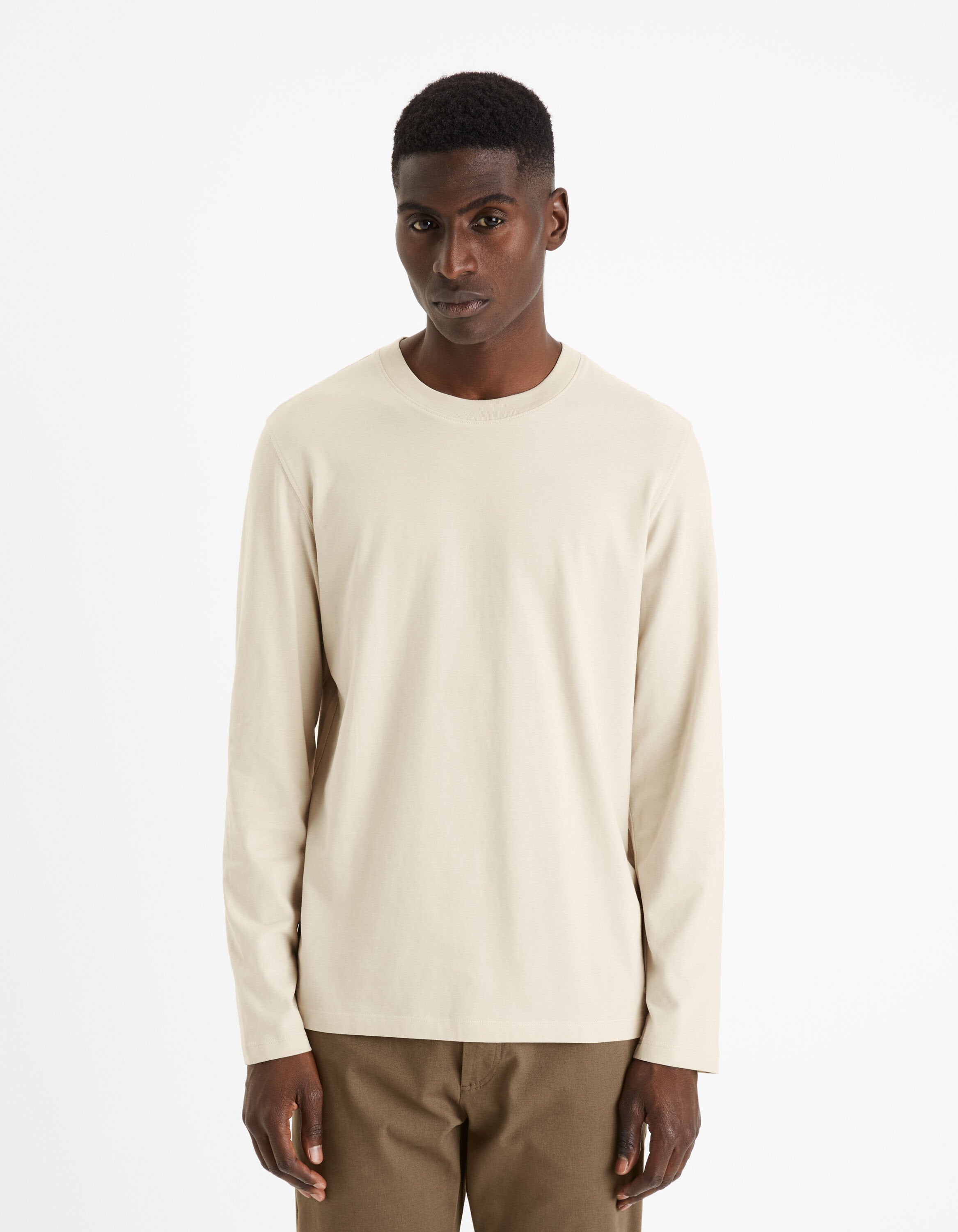 100% Cotton Round Neck T-Shirt - Beige_CESOLACEML_ECRU_01