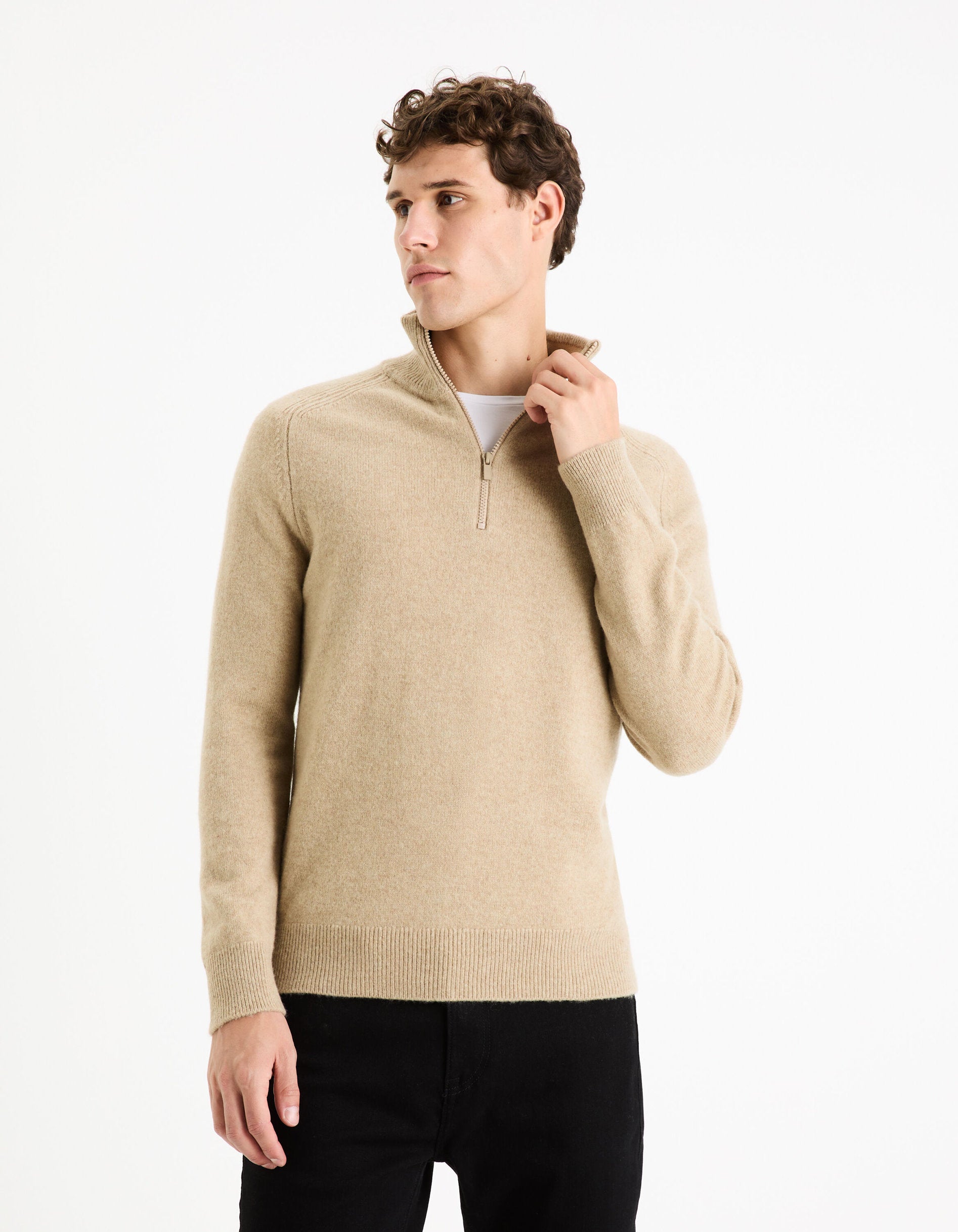 100% Lambswool Zip-Neck Sweater - Beige_CEWOOLCAM_BEIGE MEL A_01