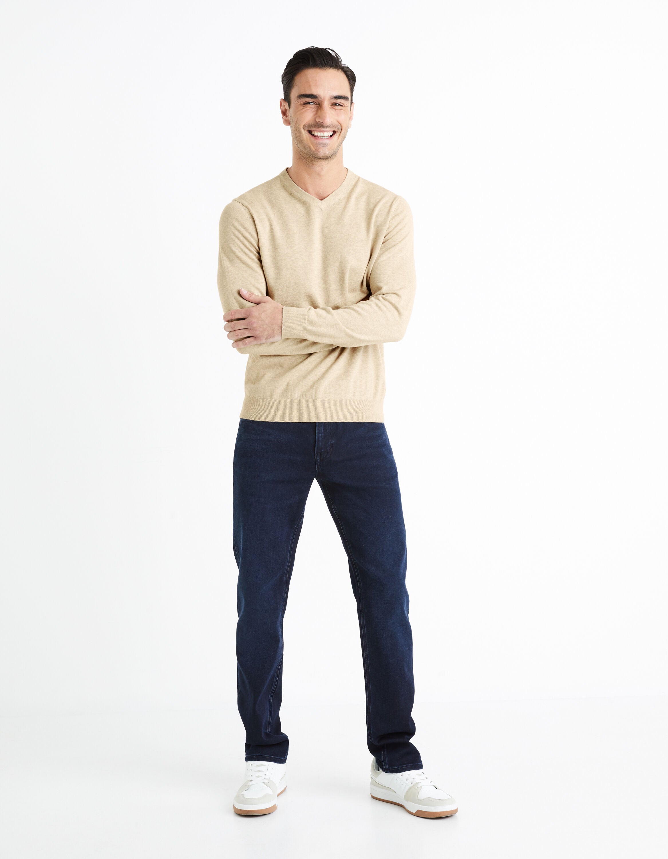 100% Cotton V-Neck Sweater - Beige_DECOTON_BEIGE MEL_03