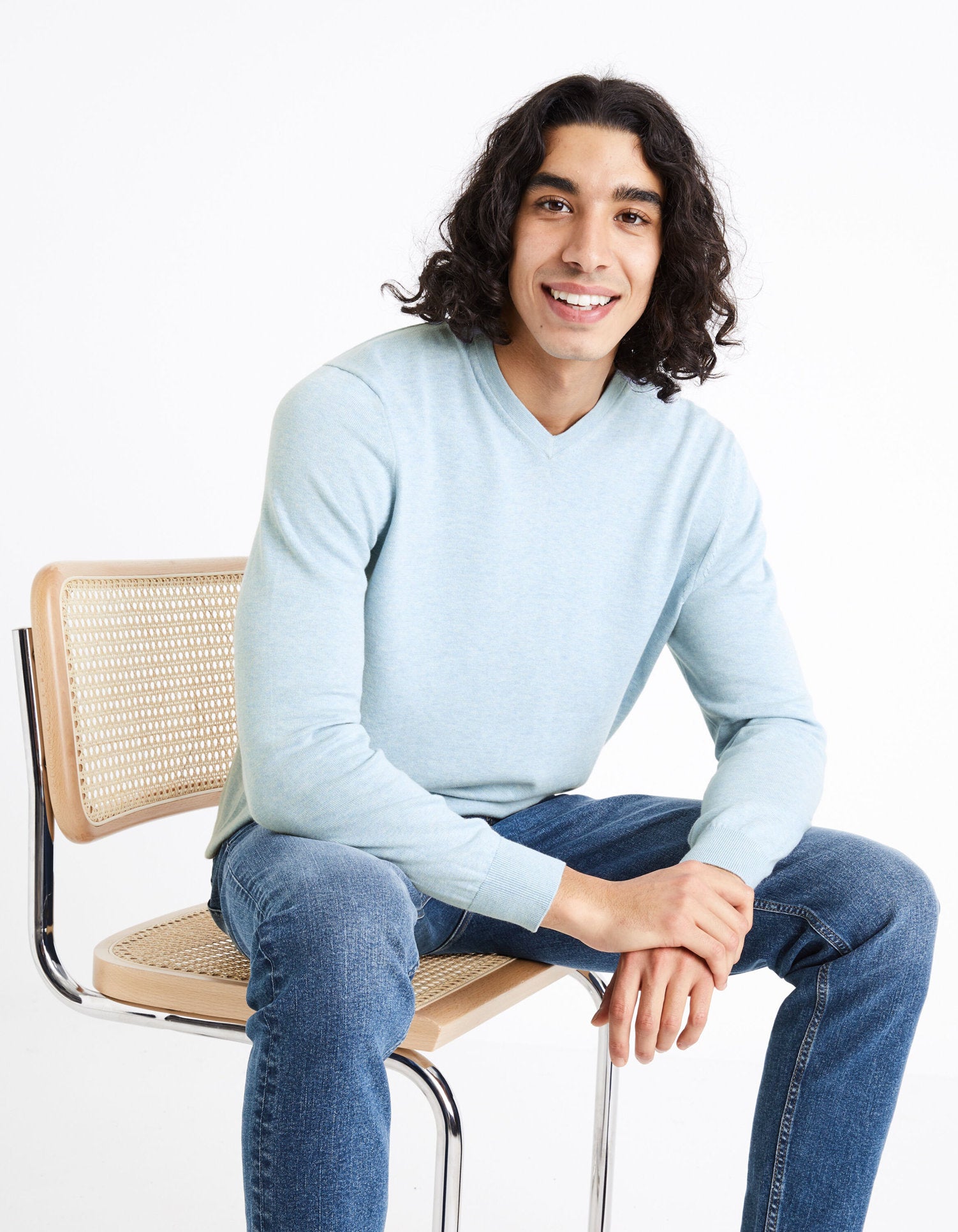 100% Cotton V-Neck Sweater - Light Blue_DECOTON_BLUE MEL_01