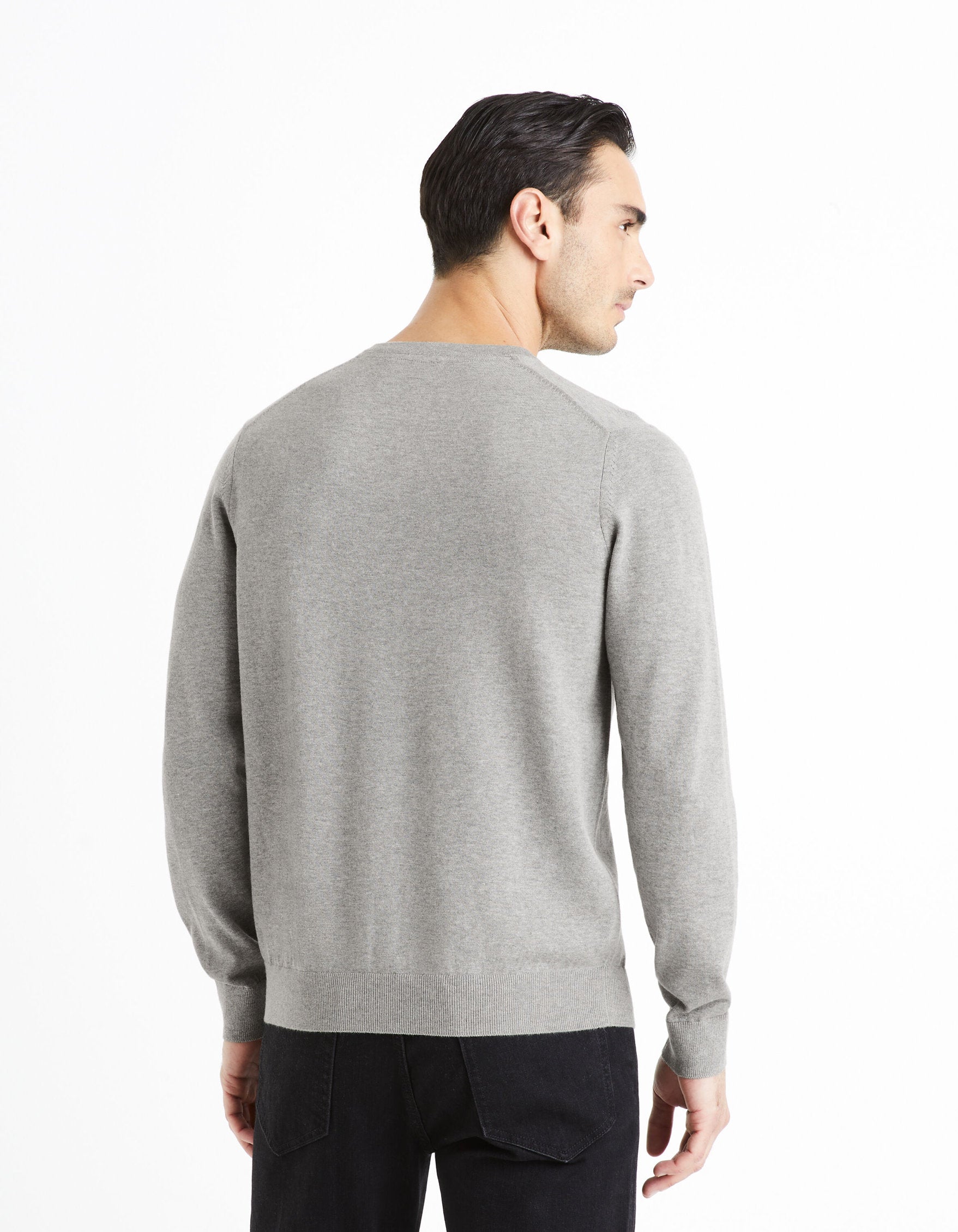 100% Cotton V-Neck Sweater - Heather Grey_DECOTON_GREY MEL_04