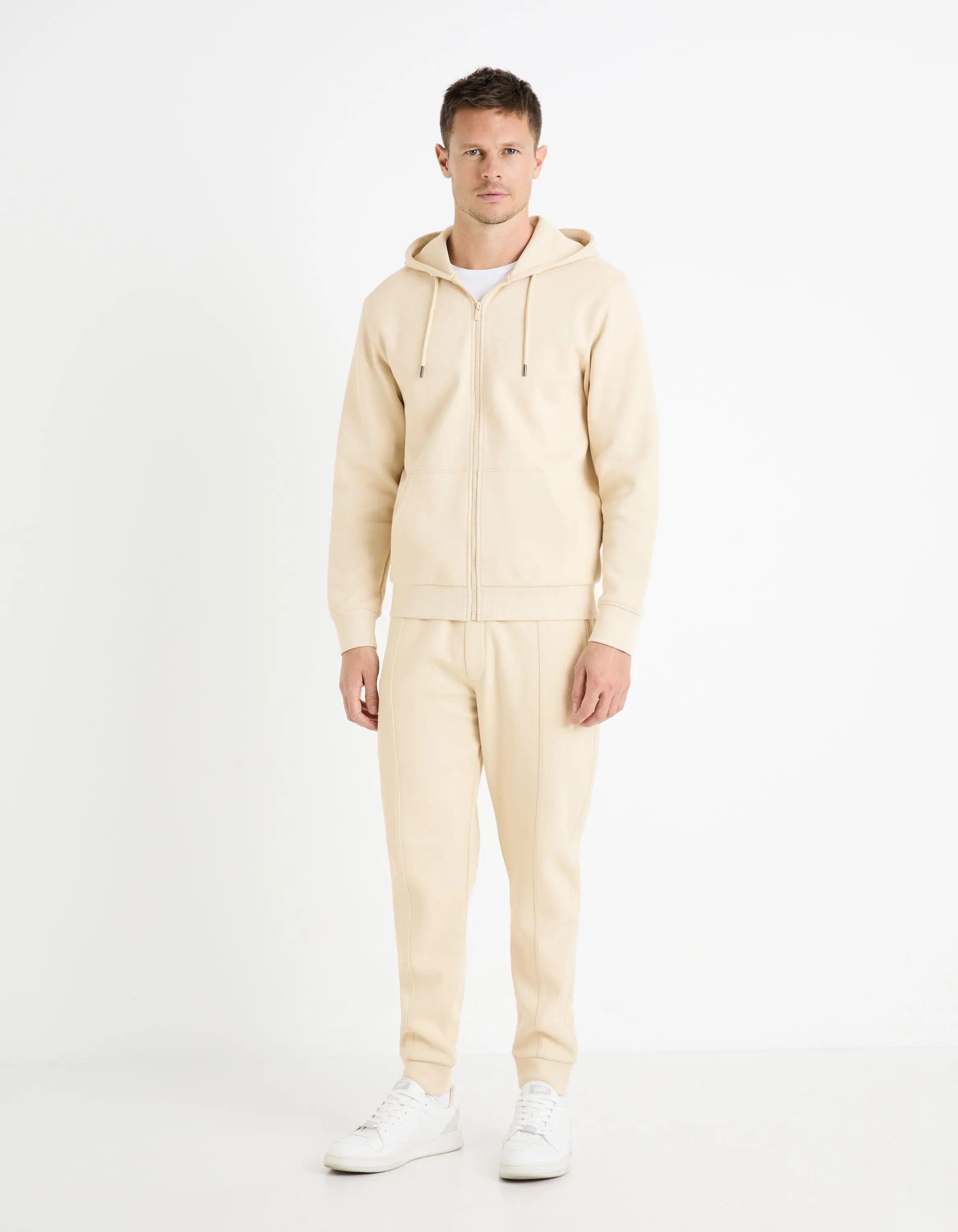 Cotton Blend Zipped Piqué Sweatshirt_FEPIQUET_BEIGE_02