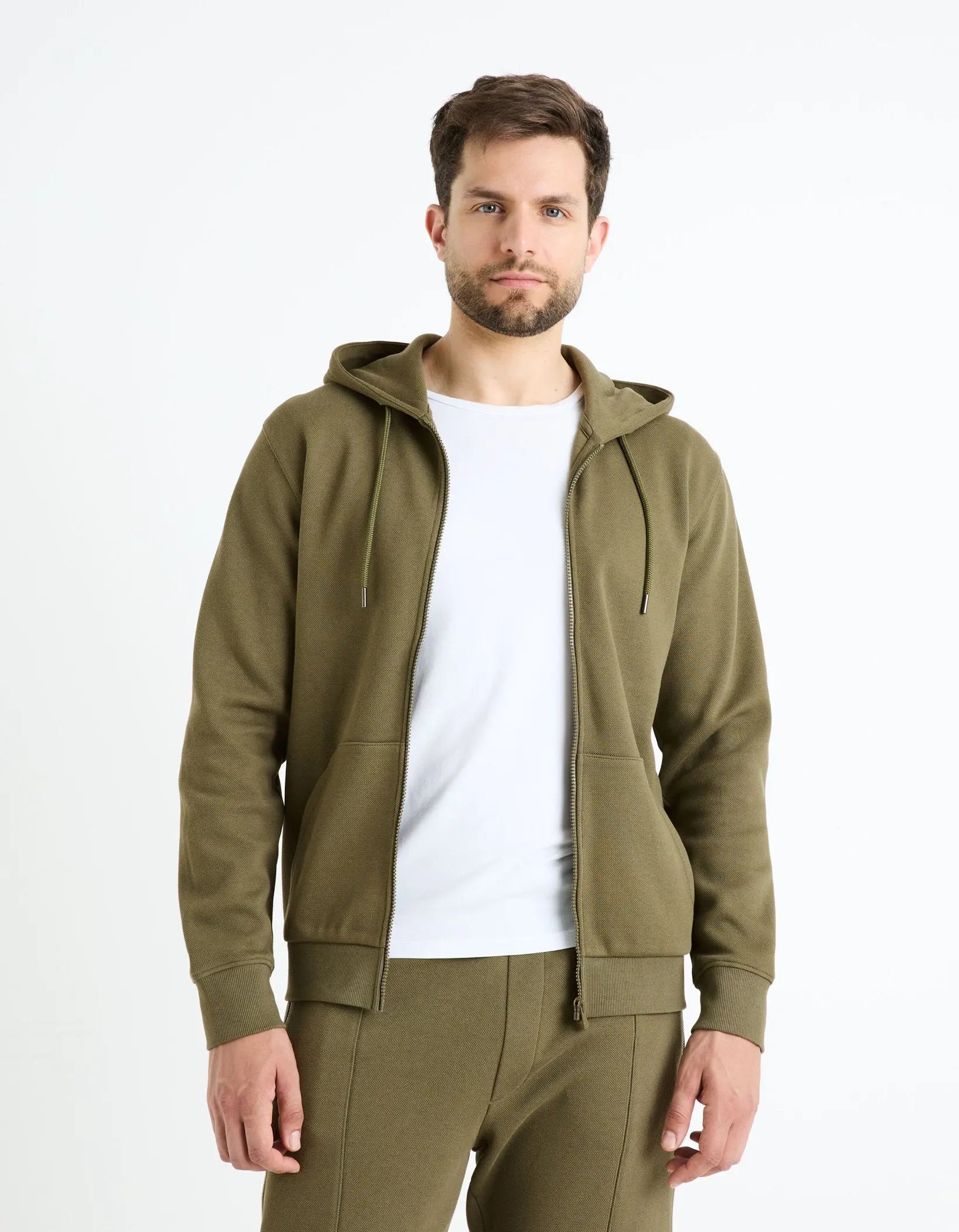 Cotton Blend Zipped Piqué Sweatshirt_FEPIQUET_KHAKI_03