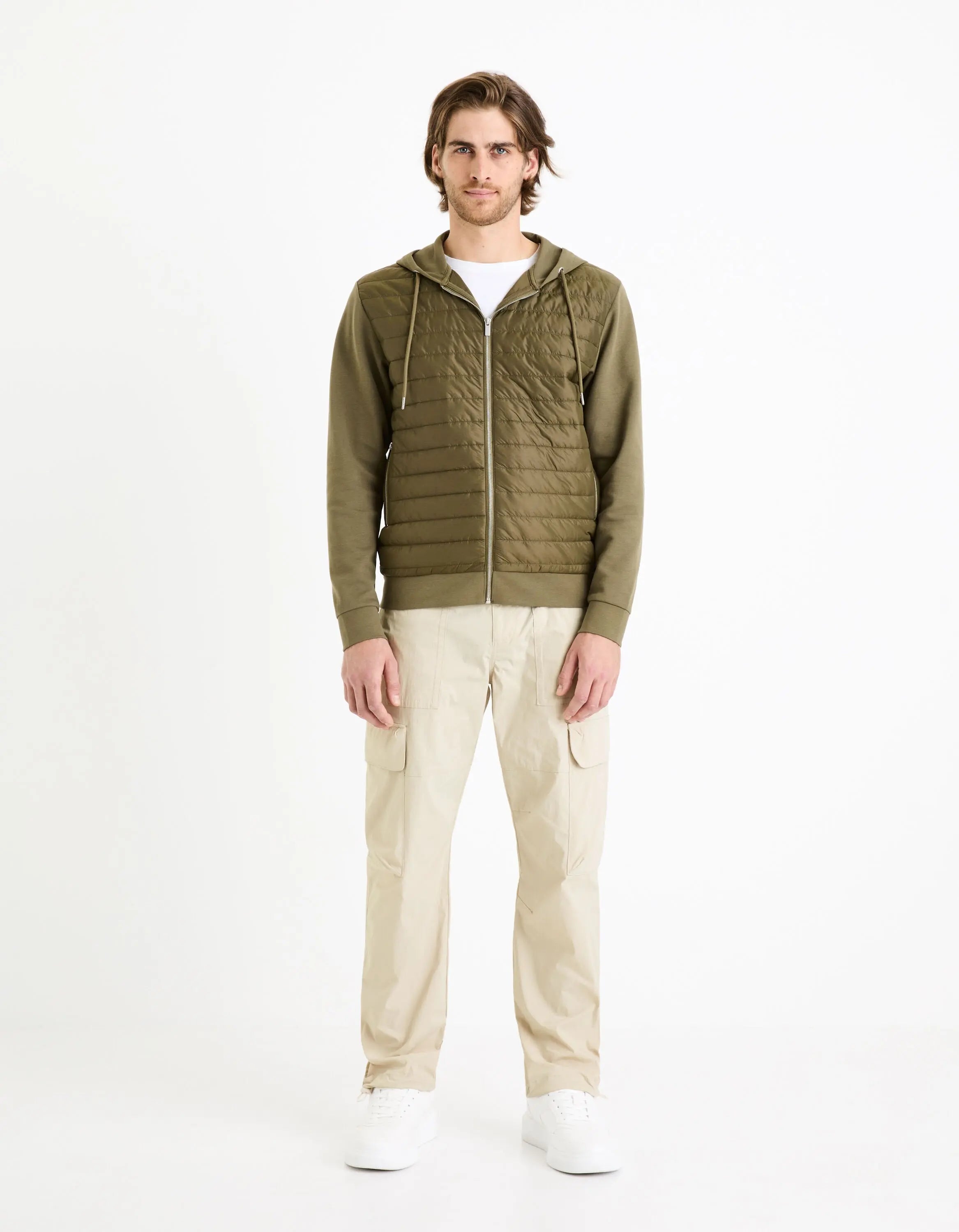 Cotton Blend Zipped Hooded Sweatshirt - Khaki_FEQUILTED_KHAKI_02