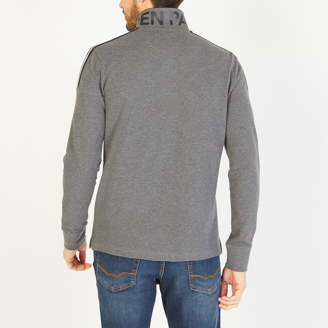 Gray Long-Sleeved Polo Shirt With Tricolor Stripes Eden Park