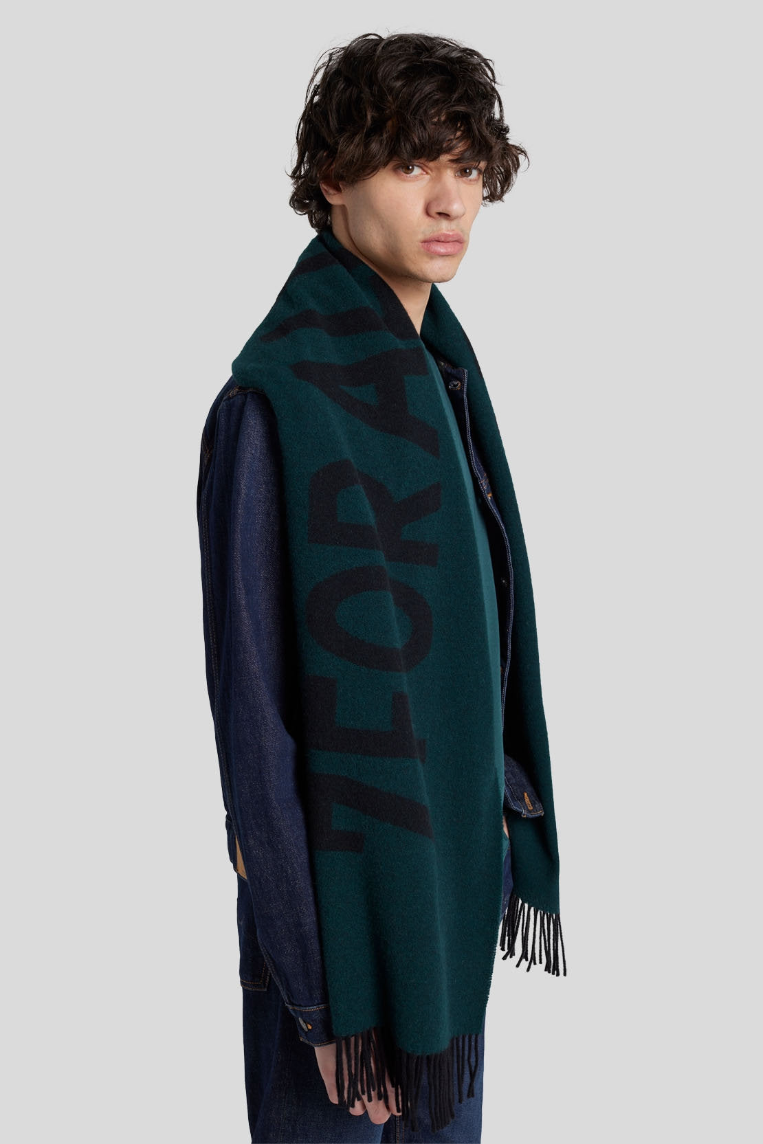 Intarsia Logo Scarf Wool Cashmere Black & Hunter Green_JS7M9550BH_BH_03