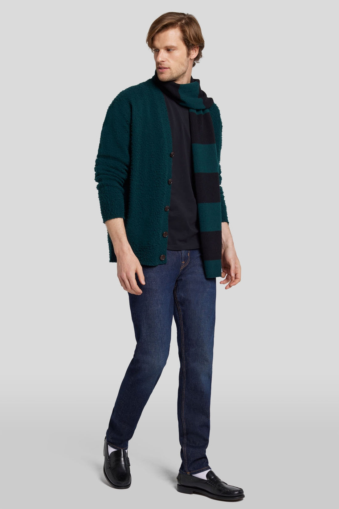 Striped Scarf Wool Cashmere Black & Hunter Green_JS7M955SBH_BH_02