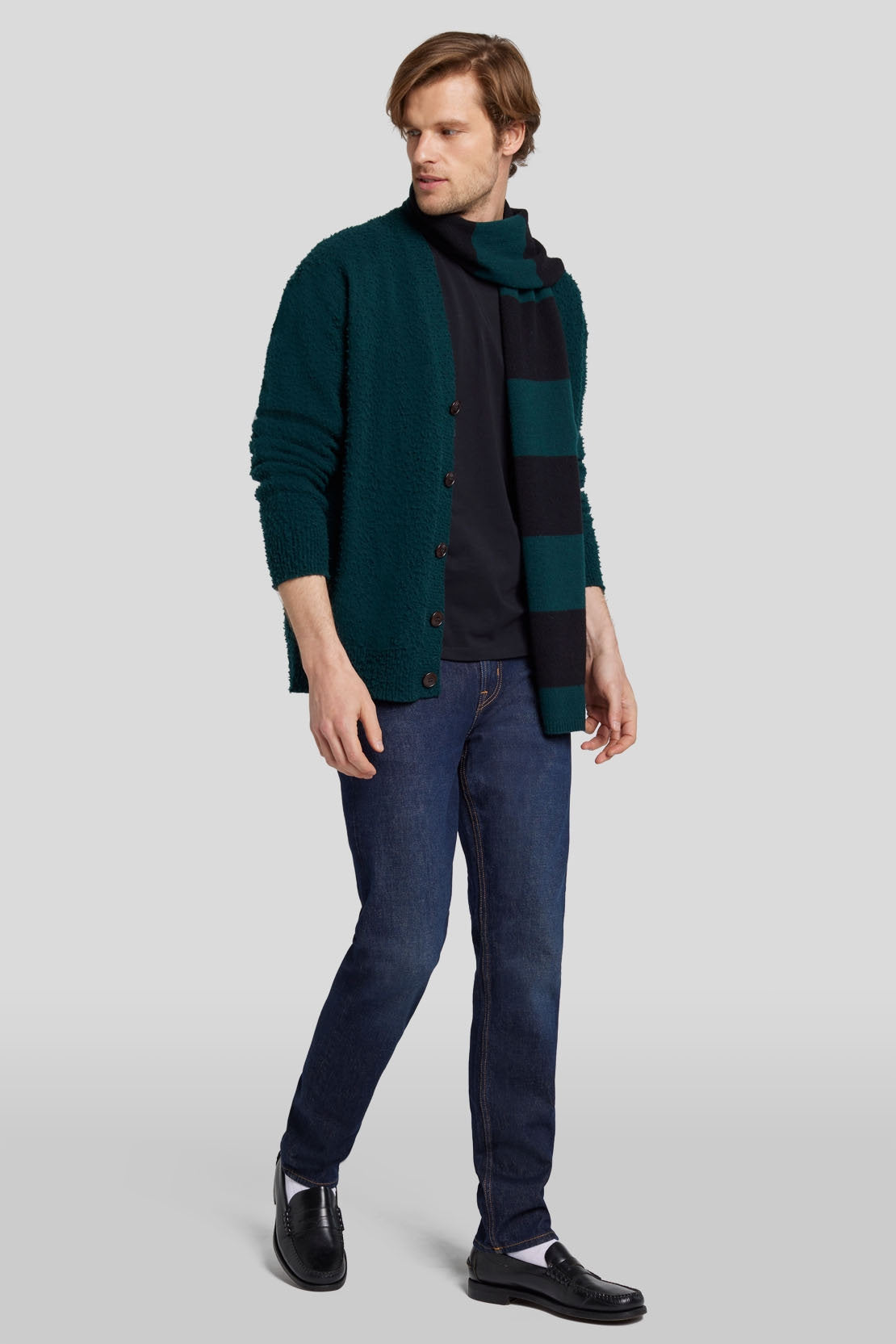 Striped Scarf Wool Cashmere Black & Hunter Green_JS7M955SBH_BH_02