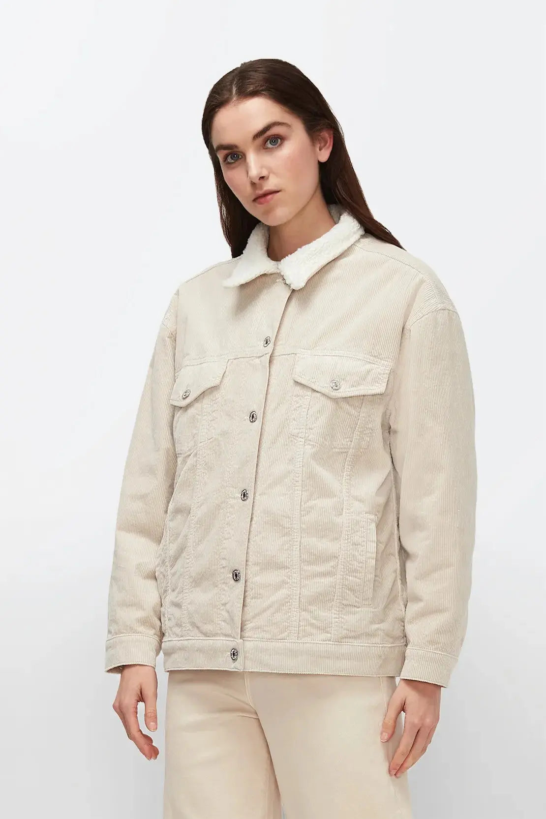 Easy Jacket Corduroy With Fake Fur Winter White - BEVAVA