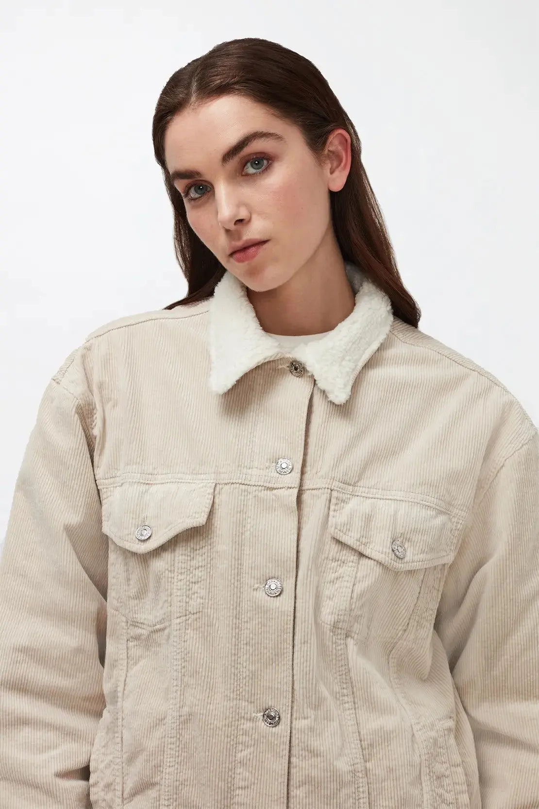 Easy Jacket Corduroy With Fake Fur Winter White - BEVAVA