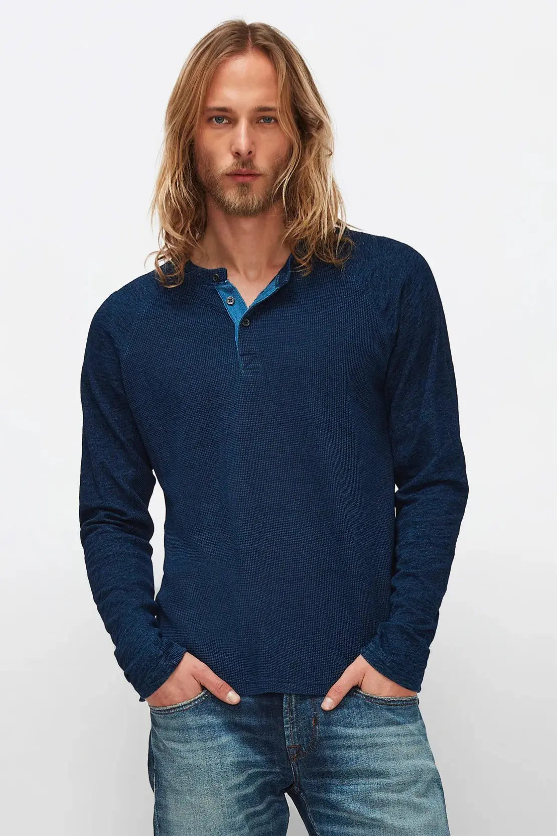 Henley Tee Cotton Textured Indigo - BEVAVA