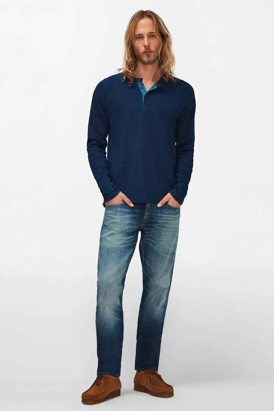 Henley Tee Cotton Textured Indigo - BEVAVA