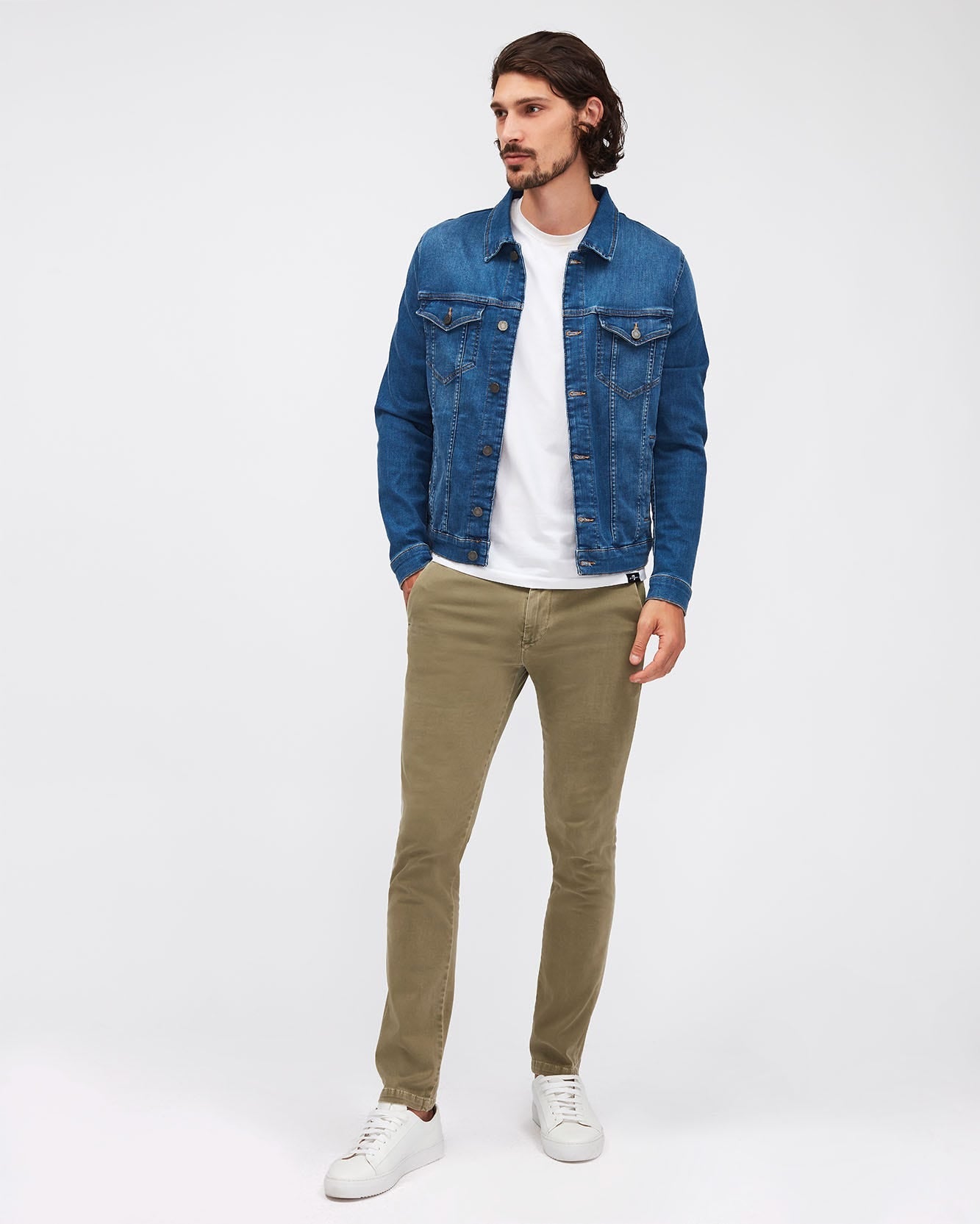 Kaki SLIMMY CHINO TAP. Luxe Per. Sateen Vin. Light Army 7 For All Mankind