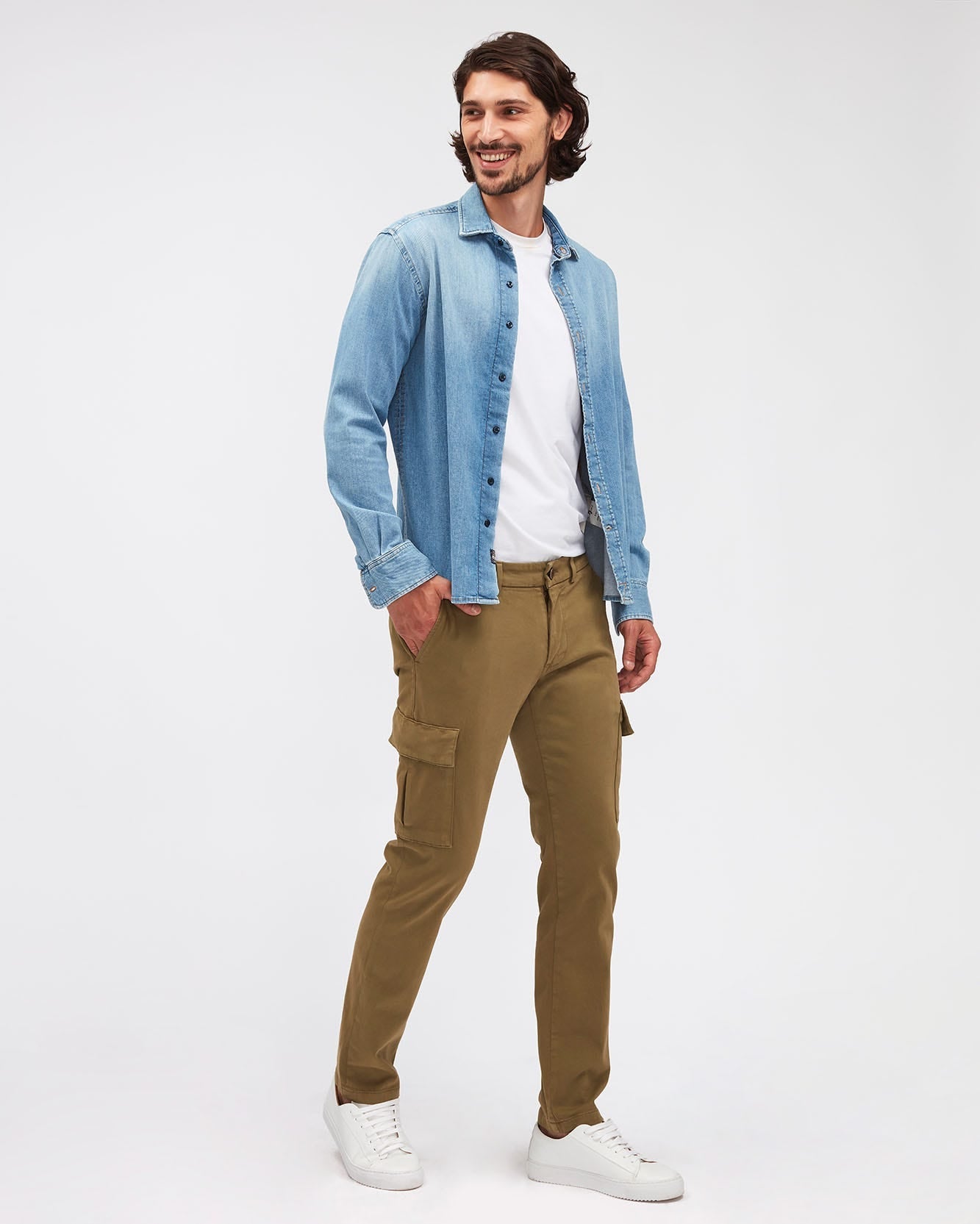 Kaki SLIMMY TAP.CARGO CHINO Luxe Per. Sateen Light Army 7 For All Mankind