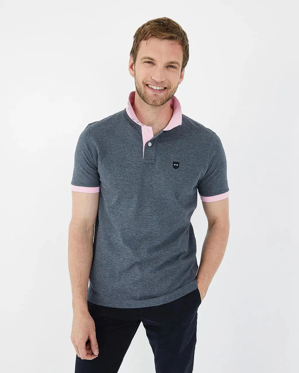 Grey Short-Sleeved Polo Shirt With Contrasting Detail - BEVAVA