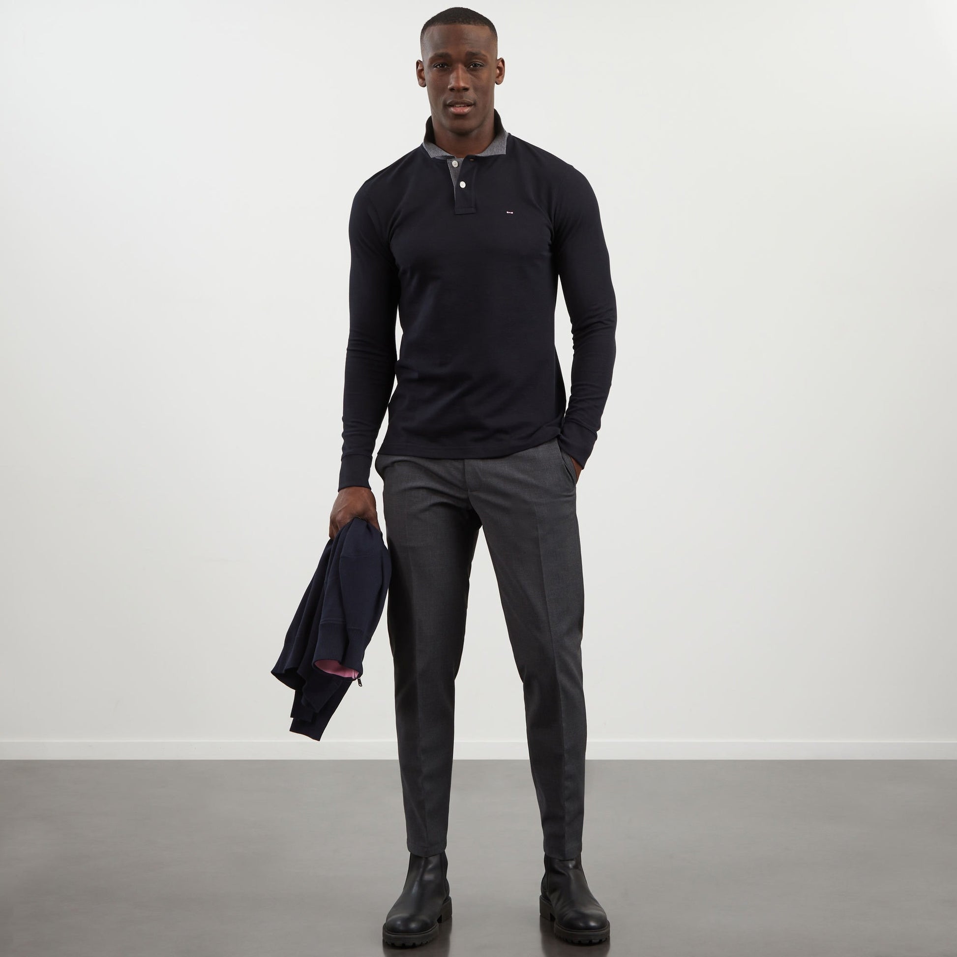 Black Cotton Polo With Contrasting Neck_PPKNIPLE0006_NO_01