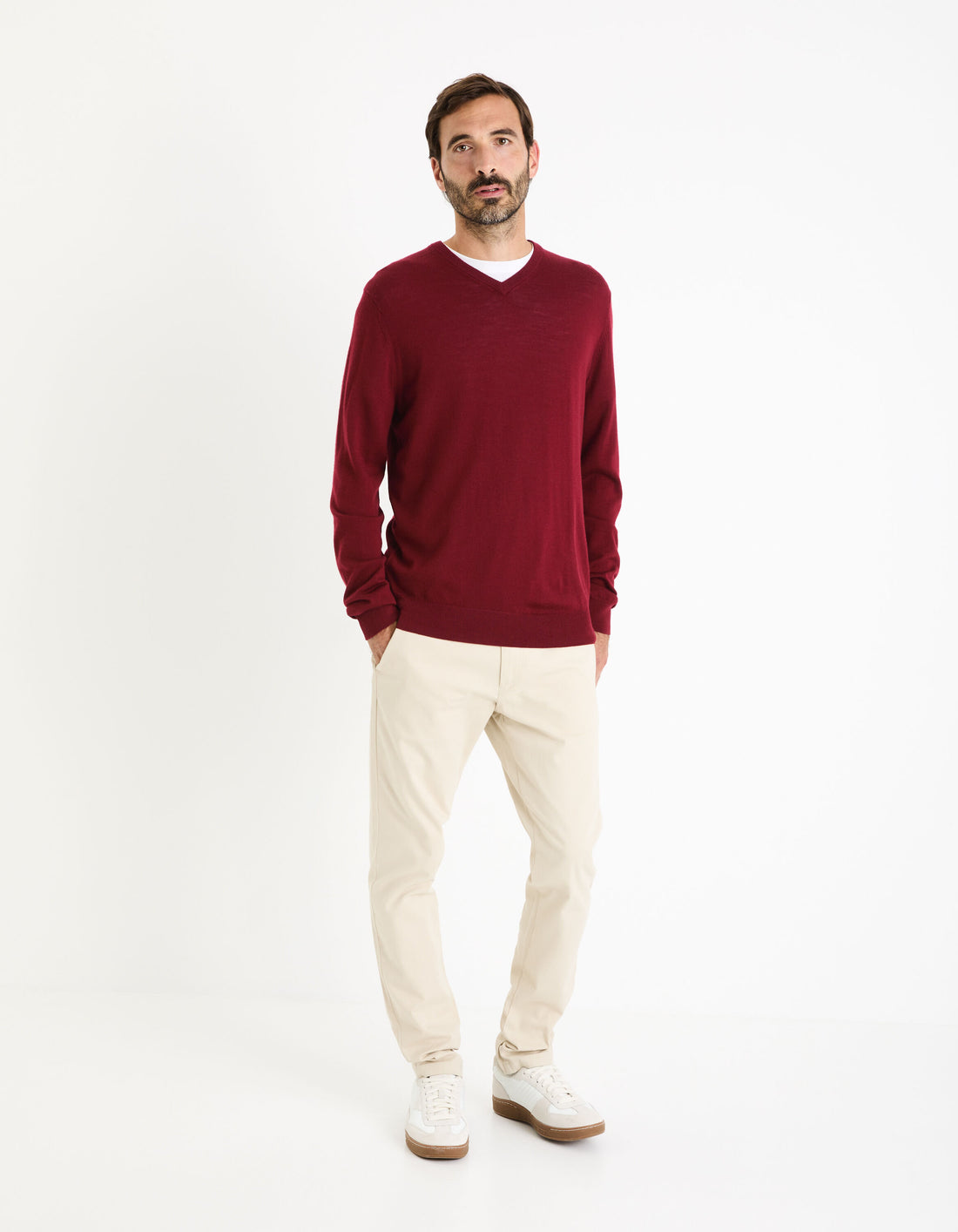 V-Neck Sweater 100% Merino Wool_SEMERIV_DARK RED_02