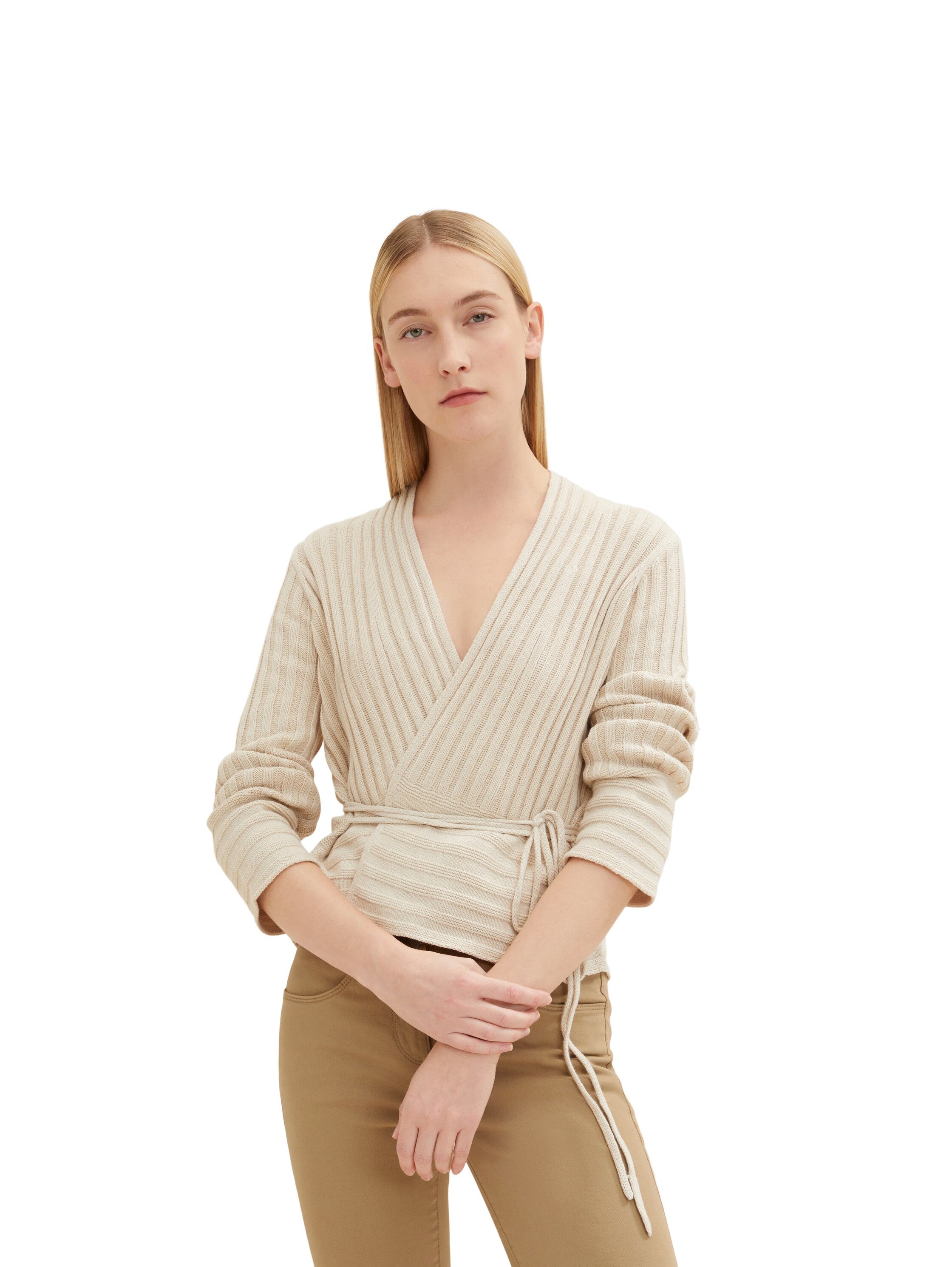 Beige Long Sleeve Ribbed Cardigan With Belt Tom Tailor