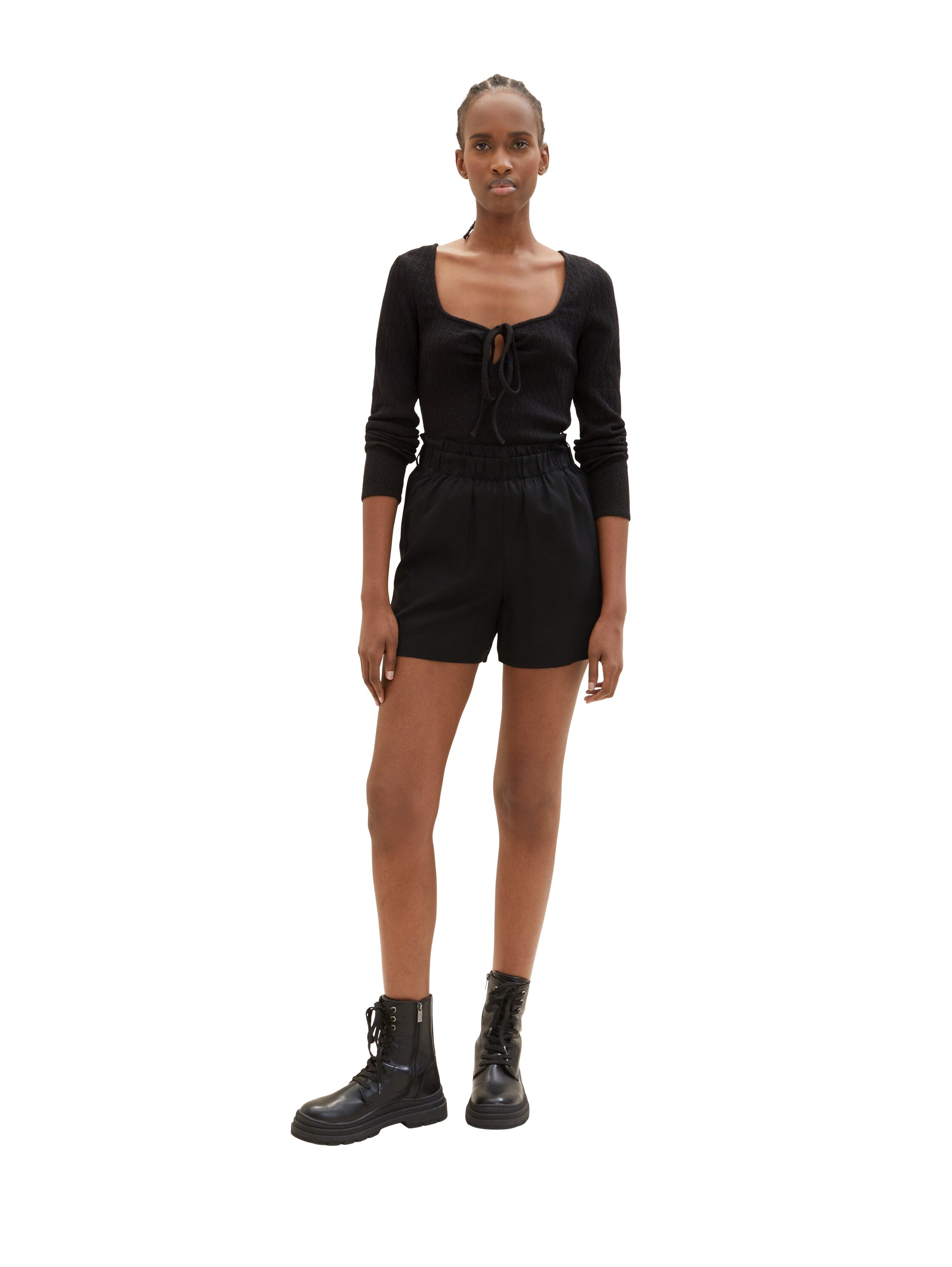 Black Long Sleeve Square Neckline Top With Straps - BEVAVA