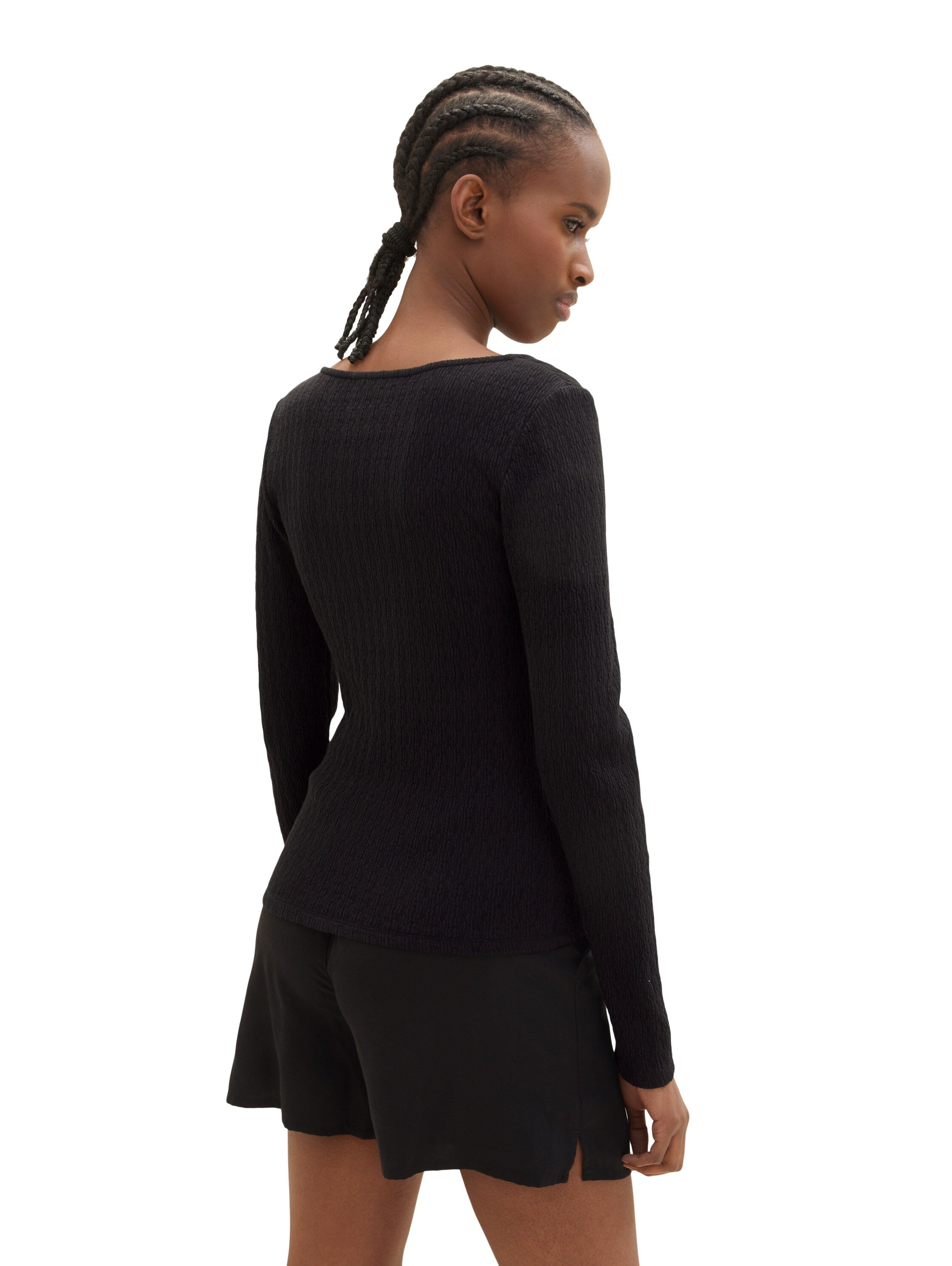 Black Long Sleeve Square Neckline Top With Straps - BEVAVA