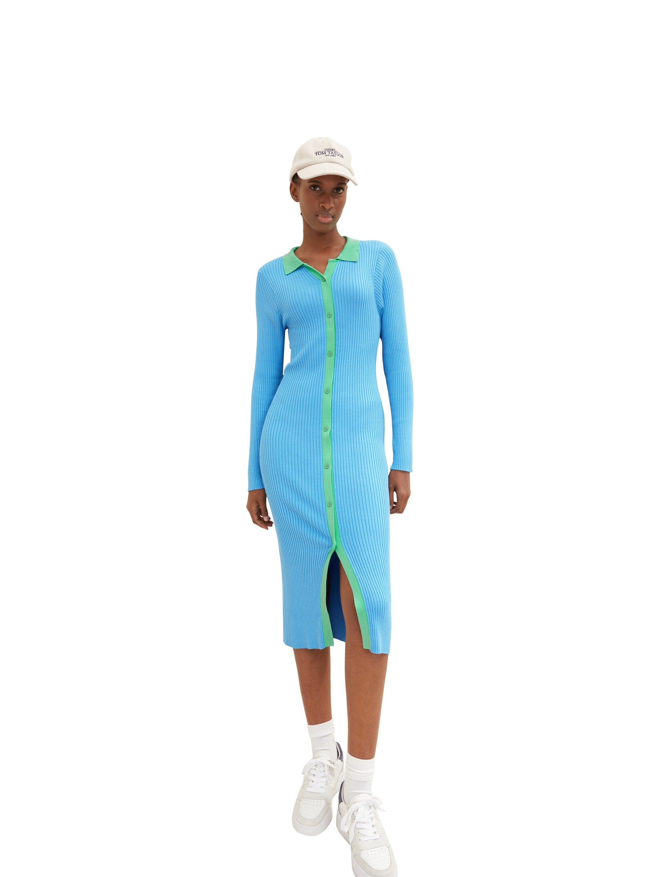 Blue Ribbed Button Down Shirt Dress - BEVAVA