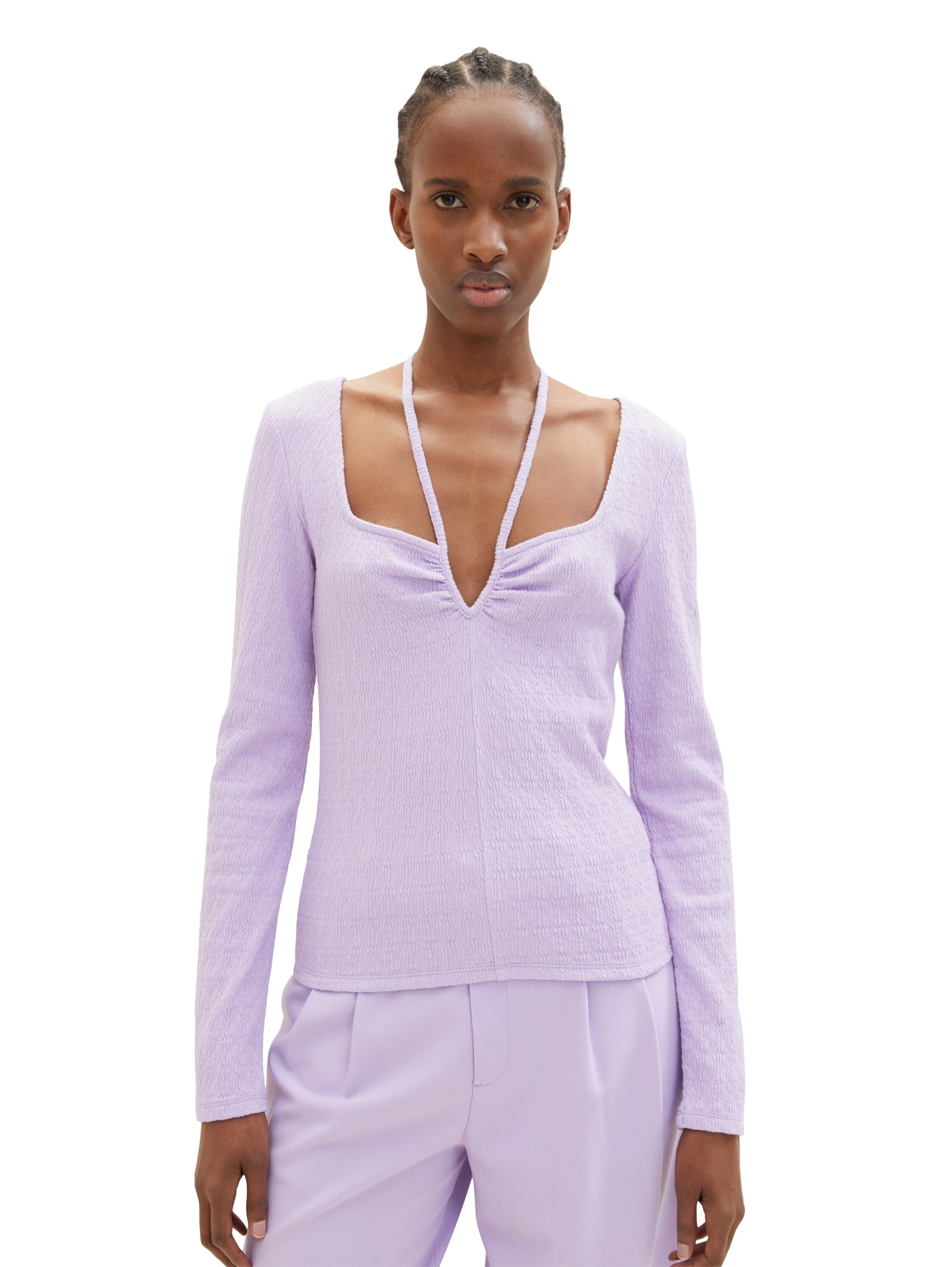 Lilac Purple Long Sleeve Square Neckline Top With Straps Tom Tailor