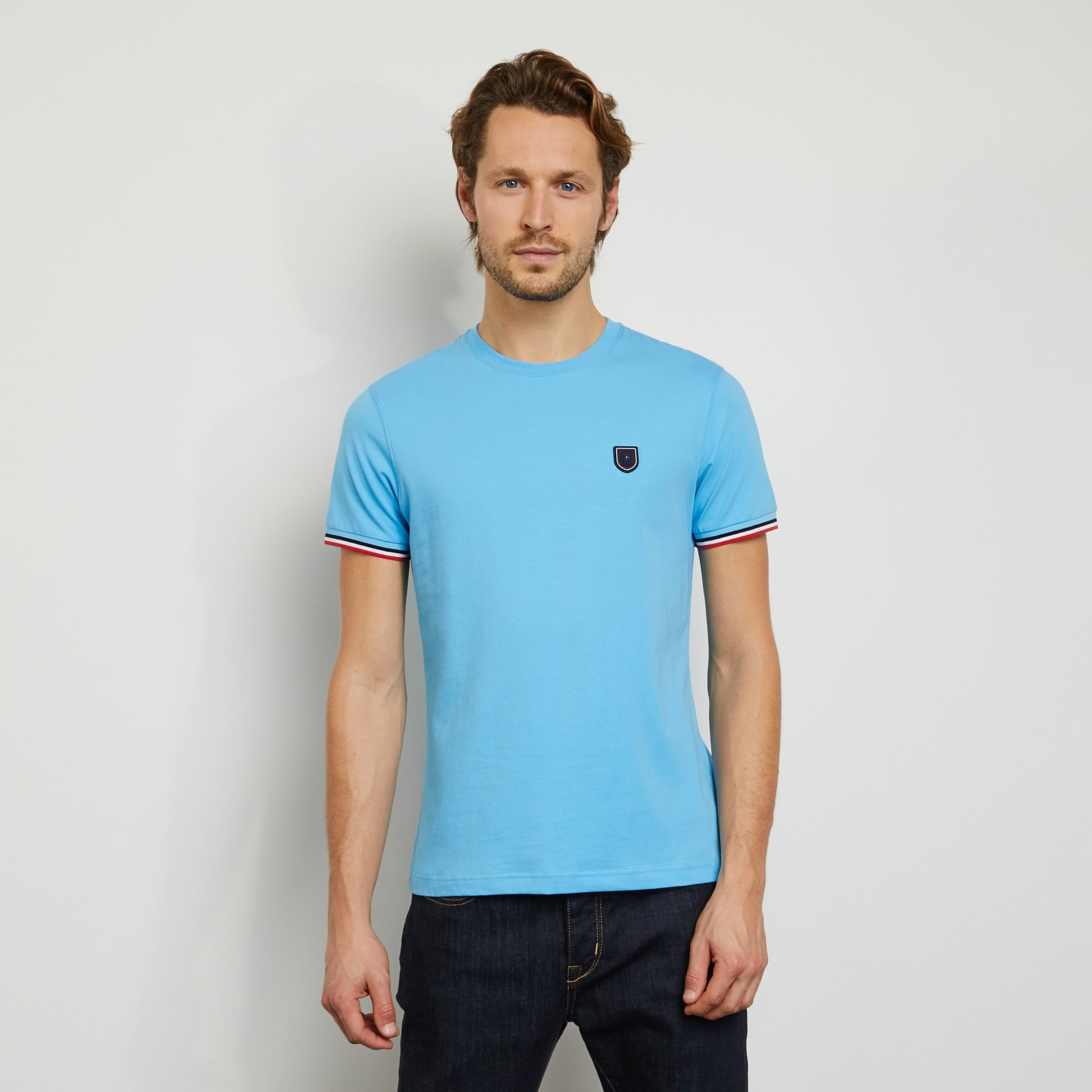 Plain Blue T-Shirt With Tricolour Trims - 02