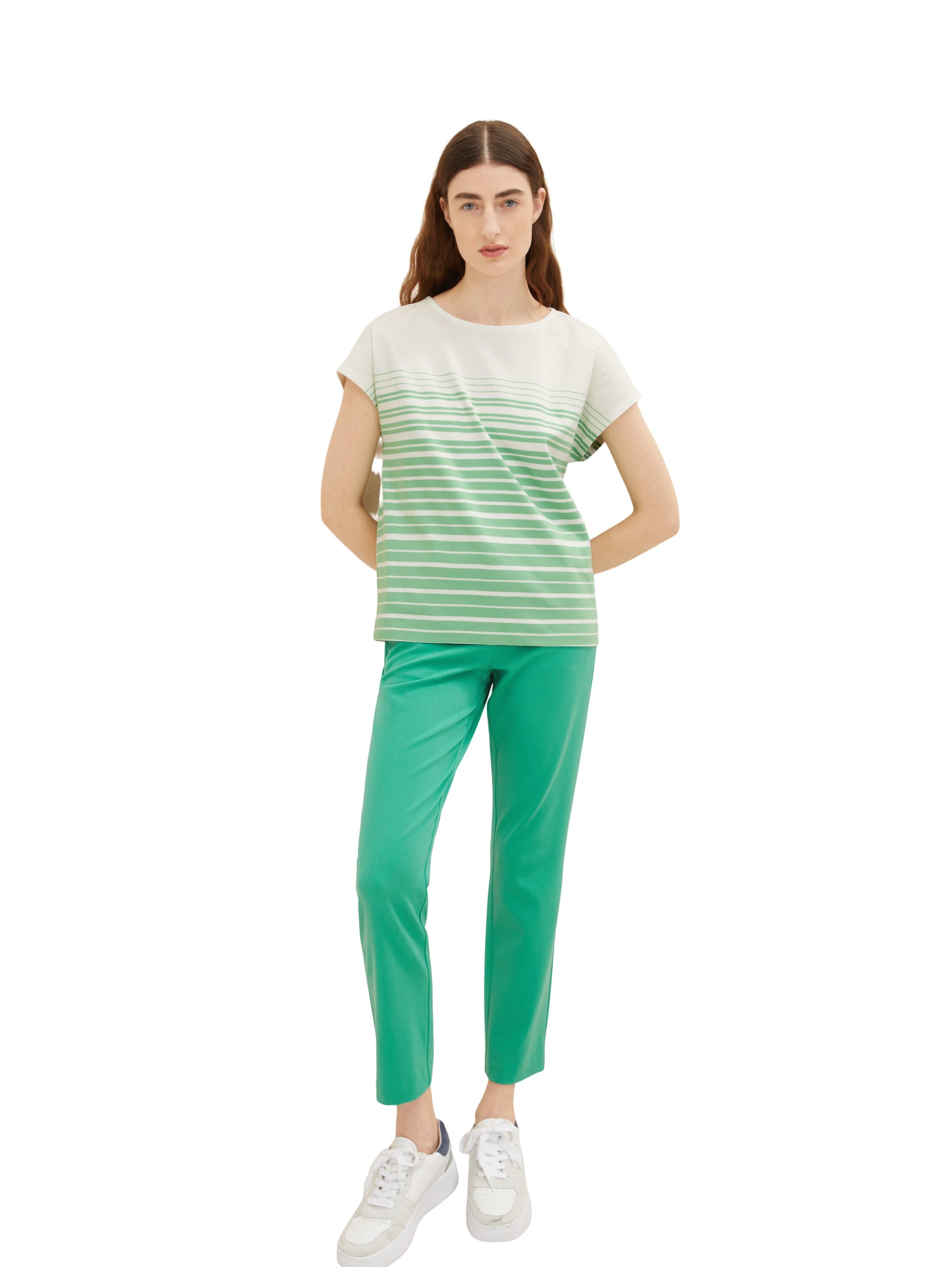 White Short Sleeve T-Shirt With Green Stripes - BEVAVA