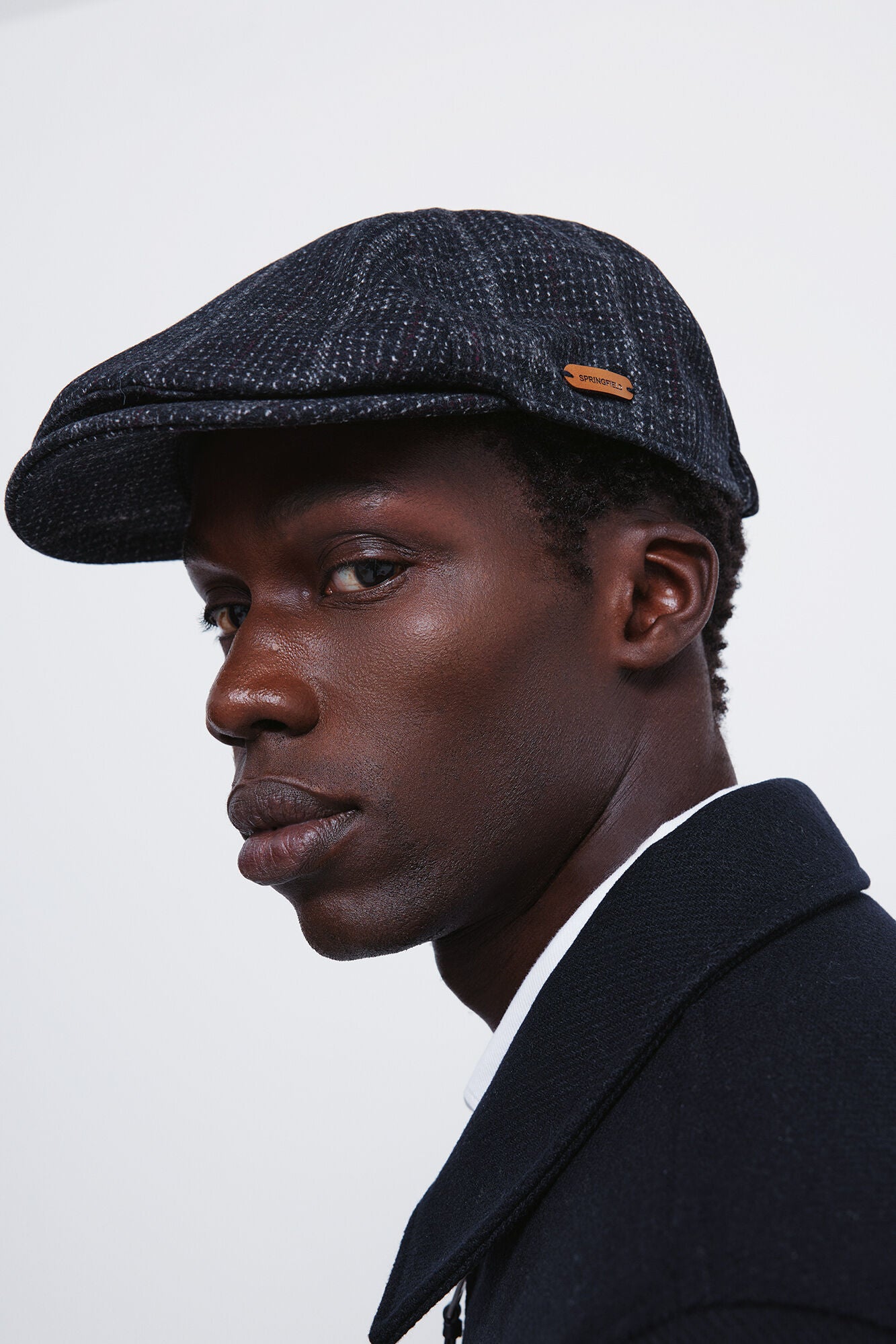 Springfield_Dark Blue_Blue Wool Blend Herringbone Flat Cap_0122836_11_02