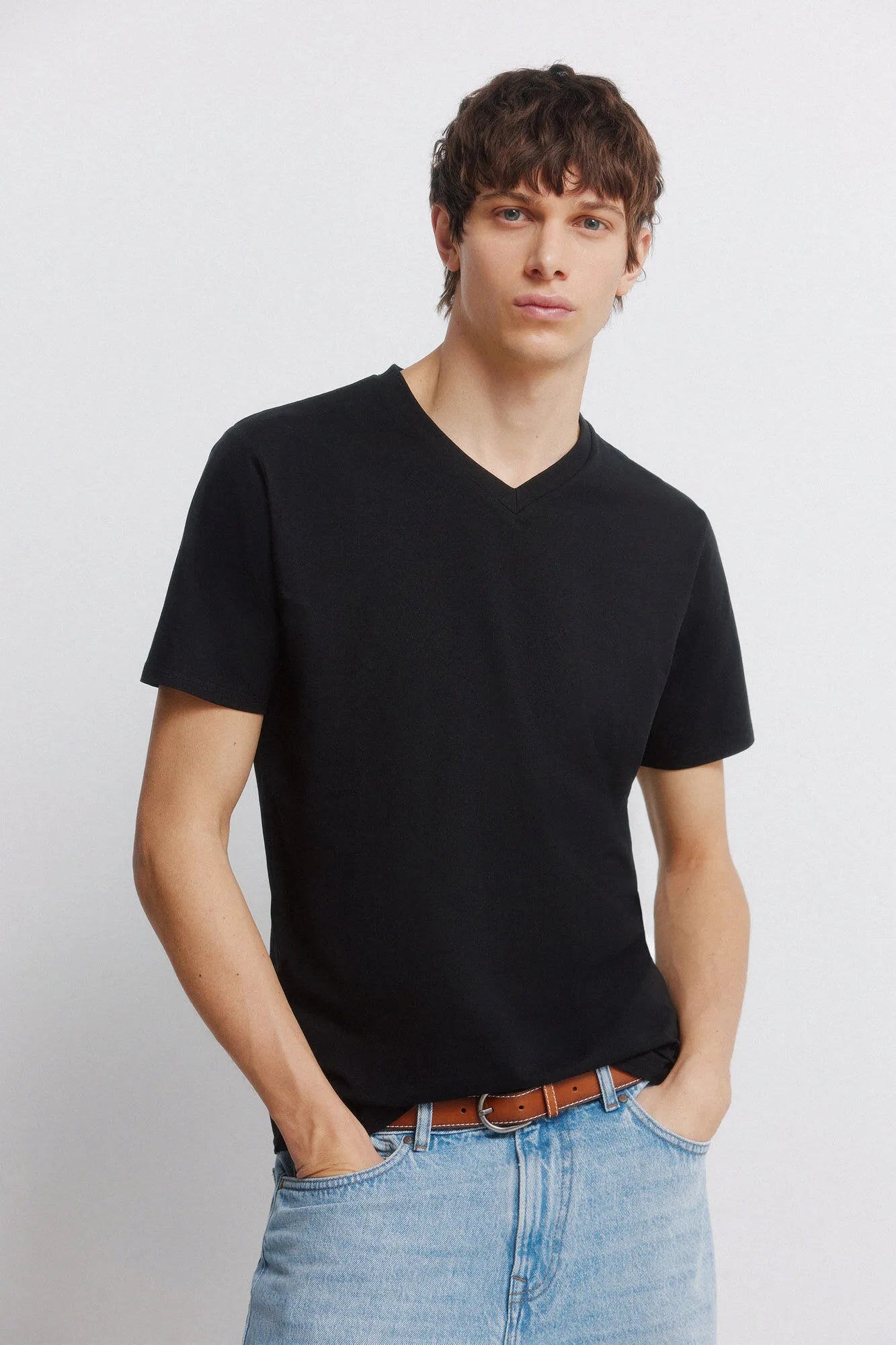 Springfield Black Men Lycra V-Neck Slim Fit T-Shirt SKU: 0243379_01 Image 01