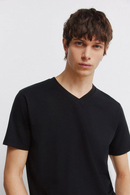 Springfield Black Men Lycra V-Neck Slim Fit T-Shirt SKU: 0243379_01 Image 02