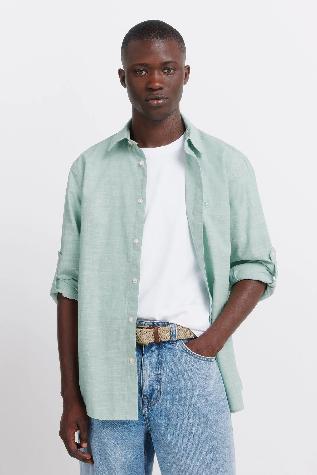 Springfield Green Men Slub Cotton Shirt SKU: 0273619_25 Image 01
