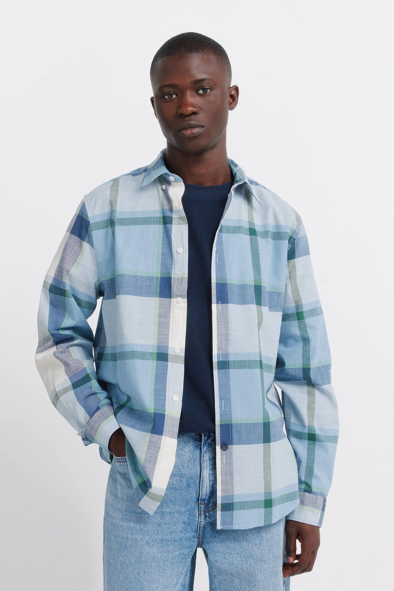 Springfield Blue Men Cotton Lightweight Plaid Shirt SKU: 0333125_16 Image 01