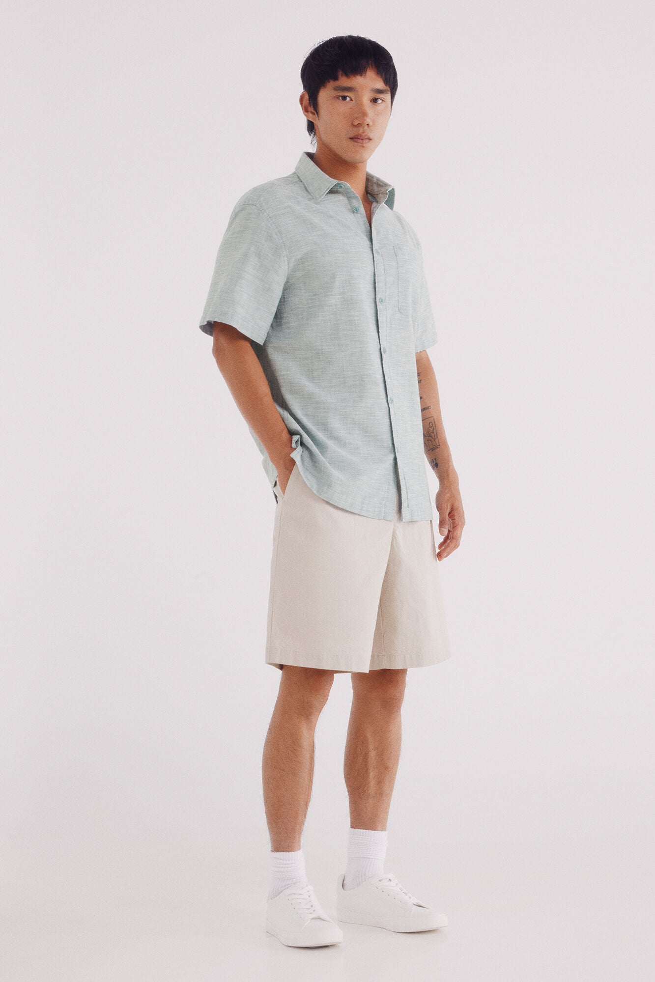 Springfield_Green_Short Sleeve Sleeved Linen Shirt_0342086_27_02