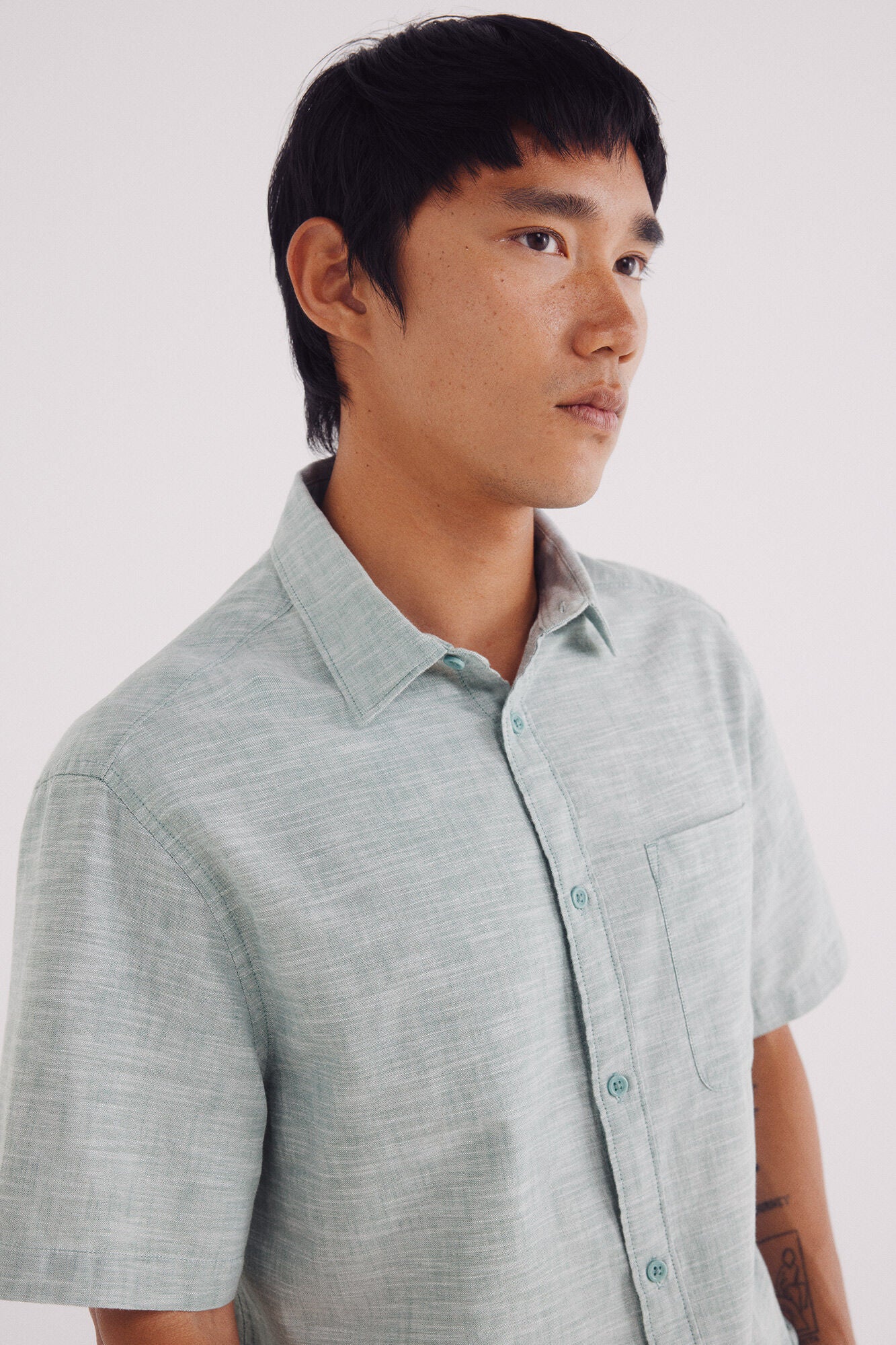 Springfield_Green_Short Sleeve Sleeved Linen Shirt_0342086_27_03