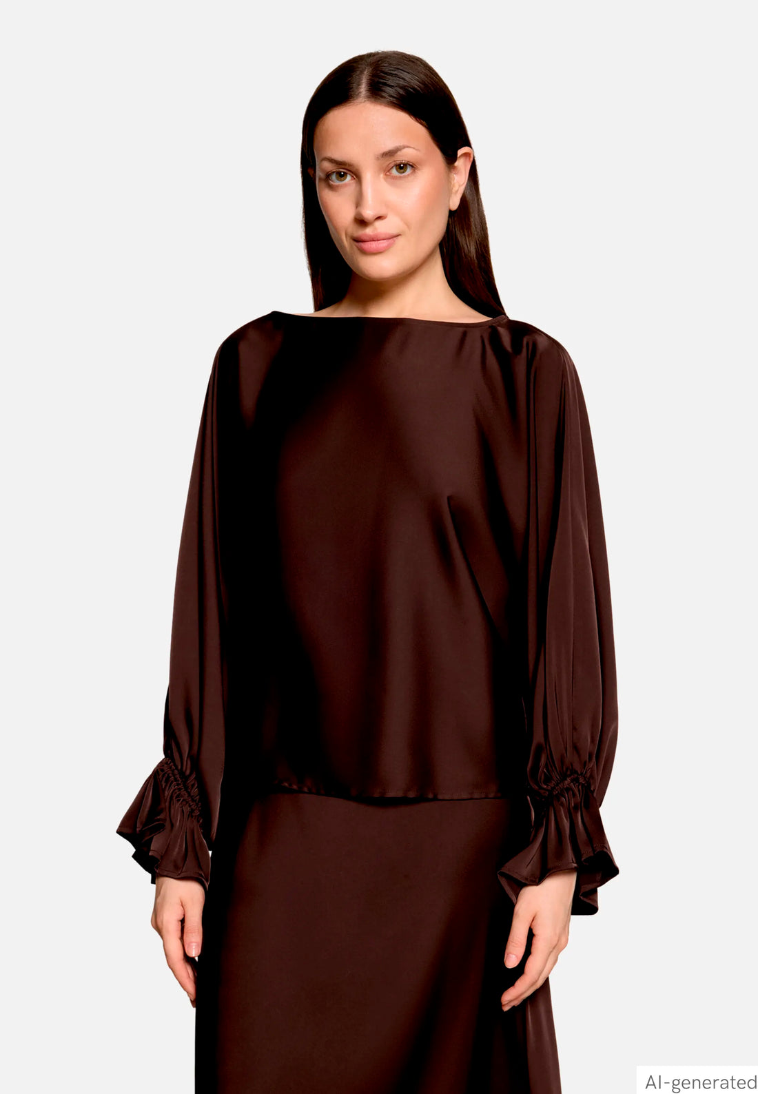 Vera Mont Espresso Brown Women Satin Blouse with Batwing Sleeves SKU: 0426-4262_7409 Image 01
