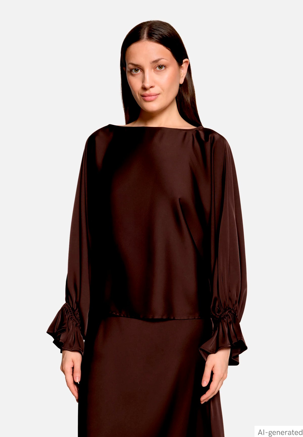 Vera Mont Espresso Brown Women Satin Blouse with Batwing Sleeves SKU: 0426-4262_7409 Image 01