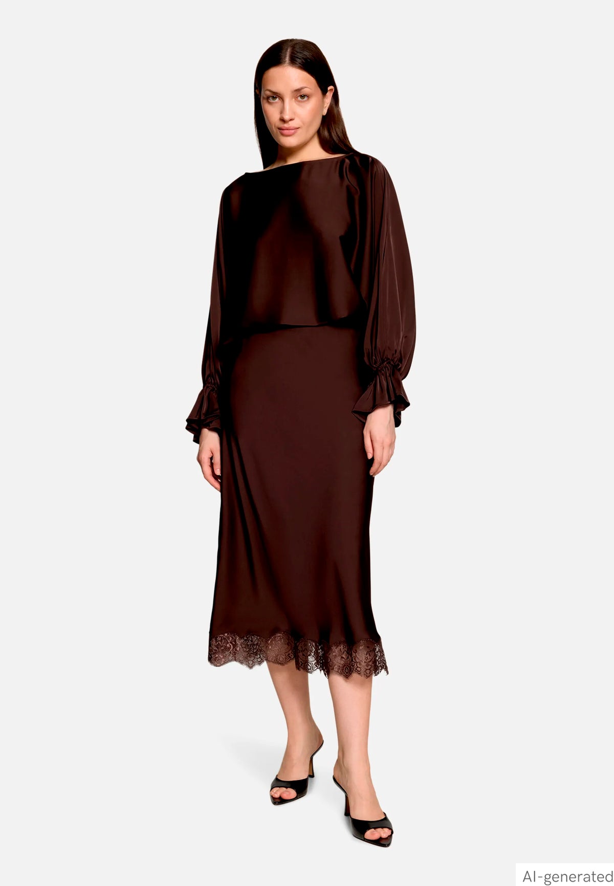 Vera Mont Espresso Brown Women Satin Blouse with Batwing Sleeves SKU: 0426-4262_7409 Image 02