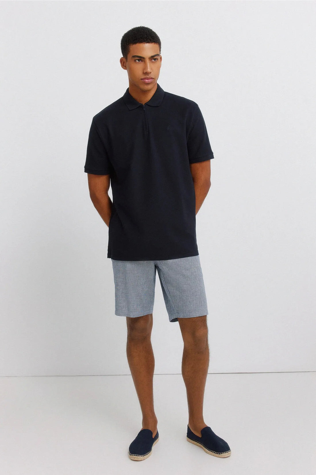 Springfield Blue Men Dobby Linen Comfort Fit Bermuda Shorts SKU: 0433674_17 Image 01
