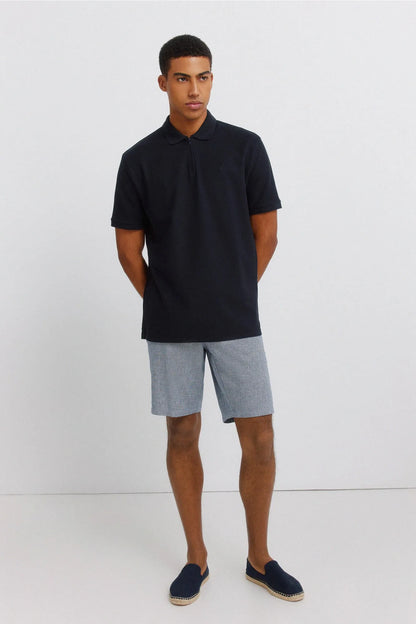 Springfield Blue Men Dobby Linen Comfort Fit Bermuda Shorts SKU: 0433674_17 Image 01
