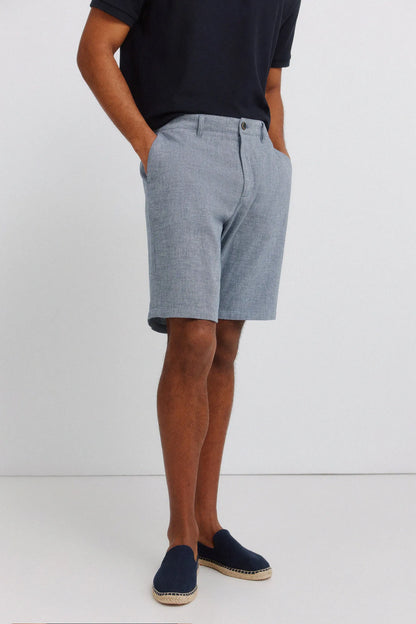 Springfield Blue Men Dobby Linen Comfort Fit Bermuda Shorts SKU: 0433674_17 Image 02