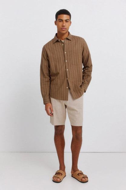 Springfield Beige Men Dobby Linen Comfort Fit Bermuda Shorts SKU: 0433674_55 Image 01